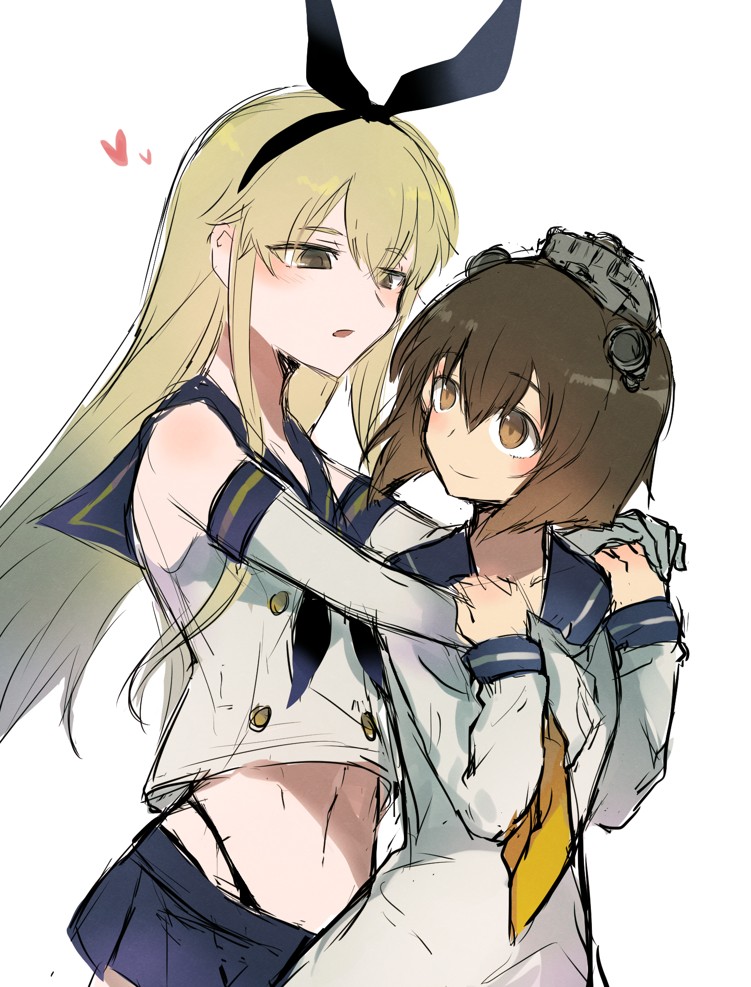 2girls agtt25333 black_panties blonde_hair blush brown_eyes brown_hair closed_mouth collarbone crop_top dress elbow_gloves gloves grey_eyes hair_between_eyes hairband headgear headset heart highleg highleg_panties highres holding_hands hug kantai_collection long_hair long_sleeves looking_at_another microskirt multiple_girls neckerchief panties sailor_collar sailor_dress school_uniform serafuku shimakaze_(kancolle) short_hair simple_background skirt sleeveless smile speaking_tube_headset thong underwear upper_body white_background white_gloves yellow_eyes yellow_neckerchief yukikaze_(kancolle)