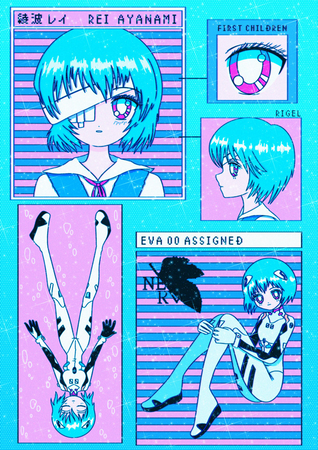 1girl artist_name ayanami_rei bandage_over_one_eye blue_dress blue_hair bodysuit character_name closed_eyes commentary dress eye_focus full_body hugging_own_legs interface_headset_(evangelion) logo looking_at_viewer mecha_pilot_suit multiple_views neck_ribbon neon_genesis_evangelion nerv pinafore_dress plugsuit_(evangelion) profile ribbon rigelwave school_uniform shirt short_hair sleeveless sleeveless_dress tokyo-3_middle_school_uniform upper_body vaporwave white_bodysuit white_shirt
