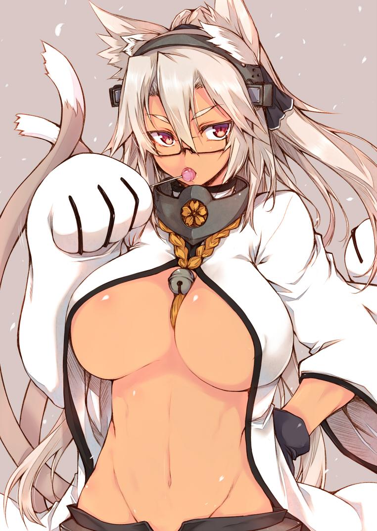 10s 1girl animal_ears bell between_breasts blazblue breasts brown_hair candy cat_ears cat_tail chupa_chups cosplay covered_erect_nipples dark-skinned_female dark_skin female_focus food glasses gloves hand_on_own_hip headgear jingle_bell kantai_collection kokonoe_(blazblue) kokonoe_(cosplay) large_breasts lollipop long_hair mouth_hold multiple_tails musashi_(kancolle) open_fly paw_pose red_eyes ro-ga_(kurumaya) short_hair solo tail underboob unzipped
