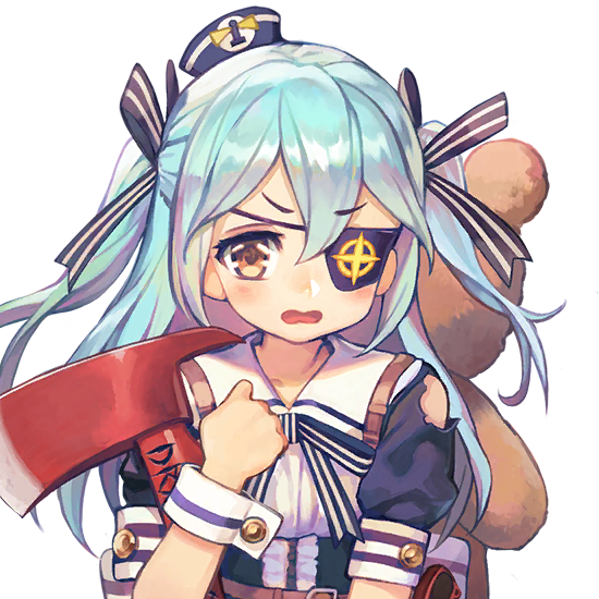 1girl axe blue_hair blush bow bowtie breasts dress eyepatch female_focus game_cg hair_between_eyes hair_ornament hair_ribbon hat holding holding_axe kakiman last_origin looking_at_viewer lrl_(last_origin) official_art one_eye_covered open_mouth print_eyepatch ribbon sailor_dress sailor_hat short_sleeves short_twintails small_breasts striped_bow striped_bowtie striped_clothes stuffed_animal stuffed_toy teddy_bear torn_clothes transparent_background twintails upper_body wavy_mouth wrist_cuffs yellow_eyes