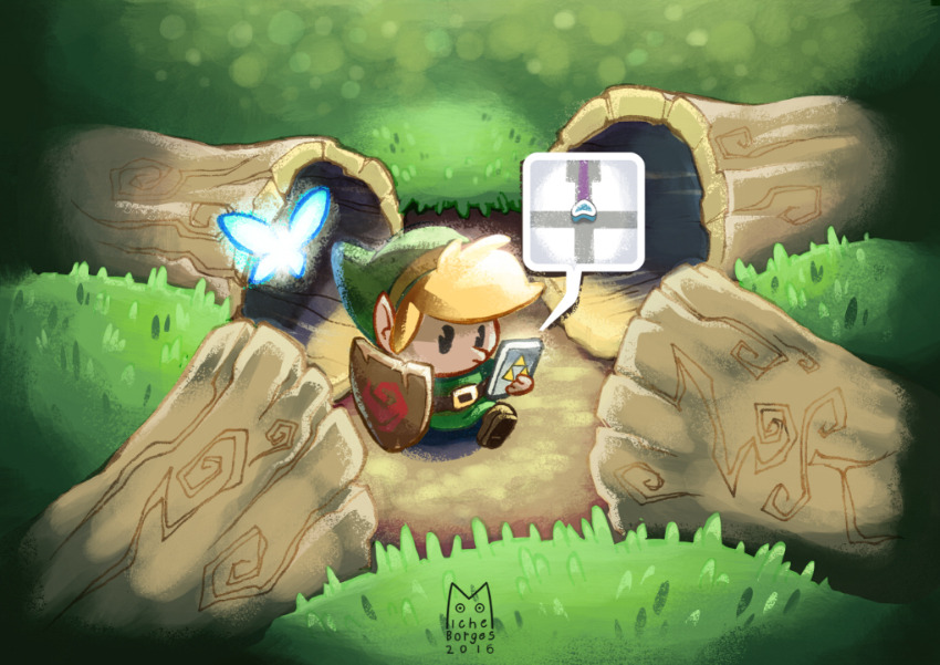 1boy black_eyes blonde_hair brown_footwear dated deku_shield fairy forest gps green_headwear green_tunic holding holding_phone holding_shield link male_focus michel_borges nature navi nintendo pac-man_eyes phone shield signature the_legend_of_zelda the_legend_of_zelda:_ocarina_of_time tunic