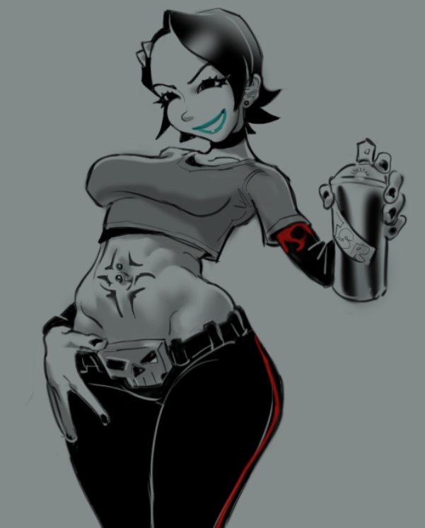 1girl belt black_hair breasts choker cube_(jsr) earrings forehead goth_fashion gungulon hip_bones jet_set_radio jewelry lipstick makeup midriff monochrome nail_polish navel navel_piercing piercing sega short_hair smile spray_can tattoo wide_hips