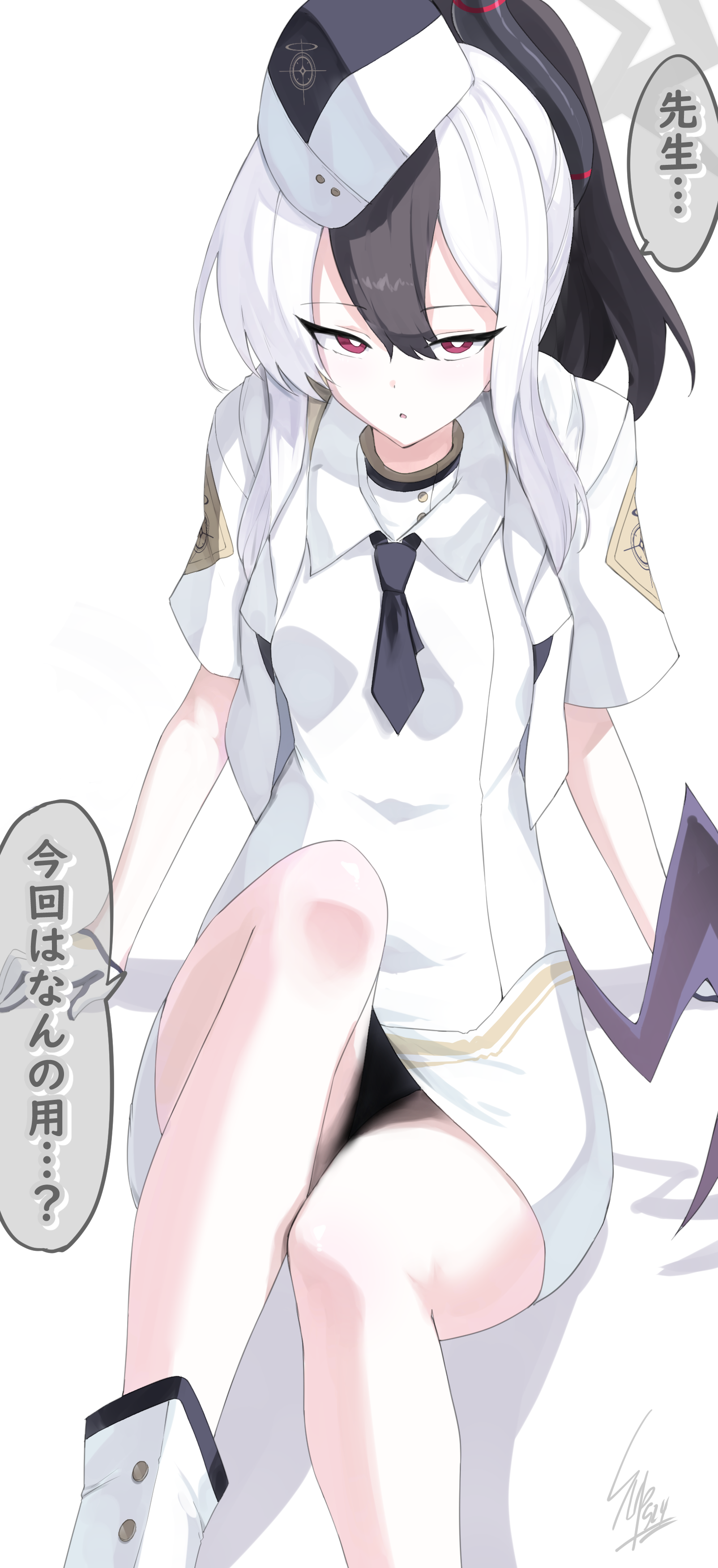 1girl absurdres bare_legs beret black_neckerchief blue_archive boots breasts hat highres jacket japanese_text kayoko_(blue_archive) neckerchief official_alternate_costume shirt simple_background sitting small_breasts solo sunnysideup white_background white_boots white_jacket white_shirt