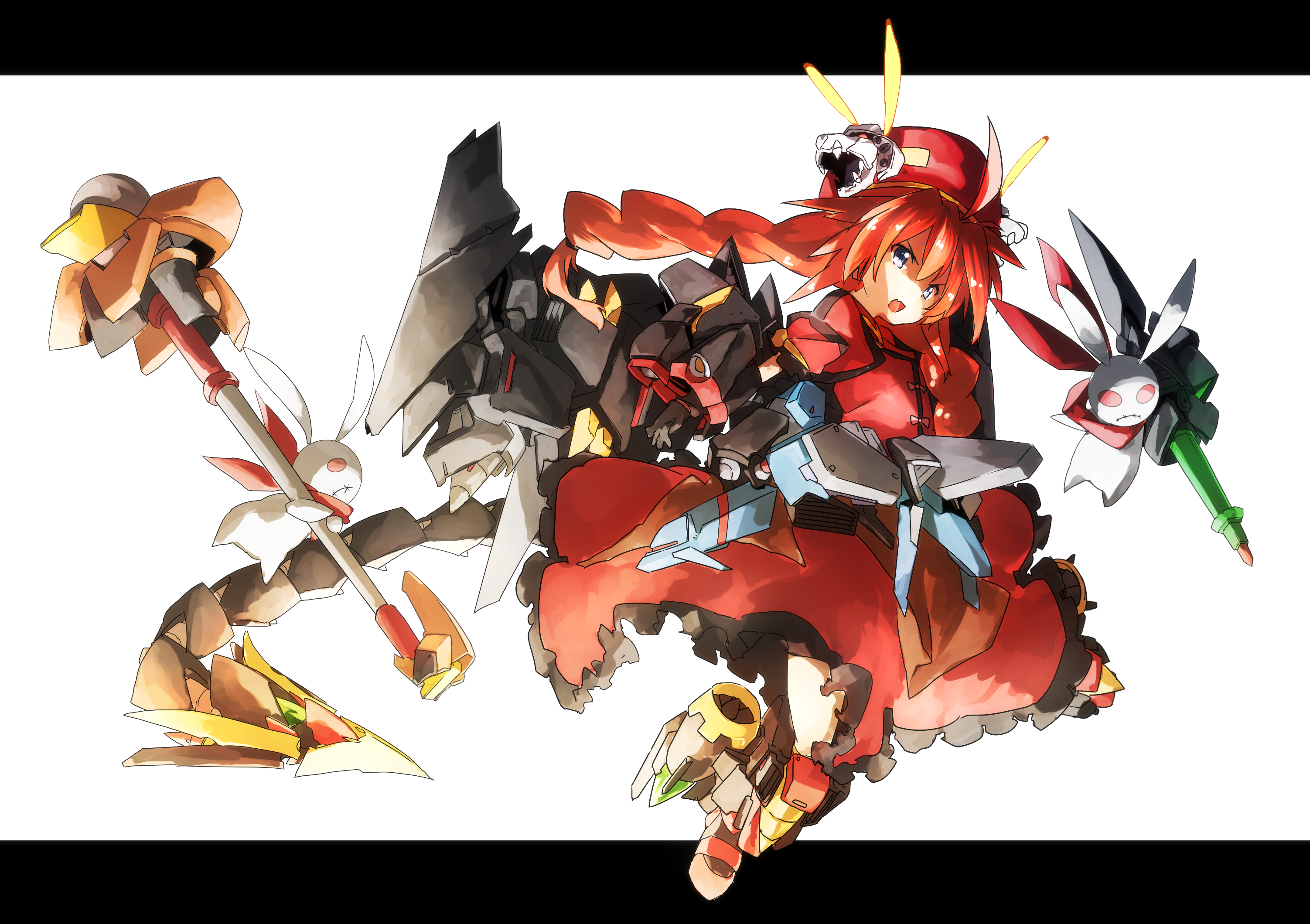 1girl ahoge armor beret black_gloves blue_eyes braid brown_footwear bygddd5 commentary_request dress female_focus flying frown genesic_gaogaigar gloves graf_eisen greaves hair_ornament hat highres jet_engine letterboxed long_hair long_skirt looking_at_viewer lyrical_nanoha magical_girl mahou_shoujo_lyrical_nanoha mahou_shoujo_lyrical_nanoha_a&#039;s open_mouth puffy_short_sleeves puffy_sleeves rabbit_hair_ornament red_dress red_hair red_hat red_shirt red_skirt shirt short_sleeves skirt skirt_set solo stuffed_animal stuffed_rabbit stuffed_toy twin_braids vita_(nanoha) white_background yuusha_ou_gaogaigar_final yuusha_series