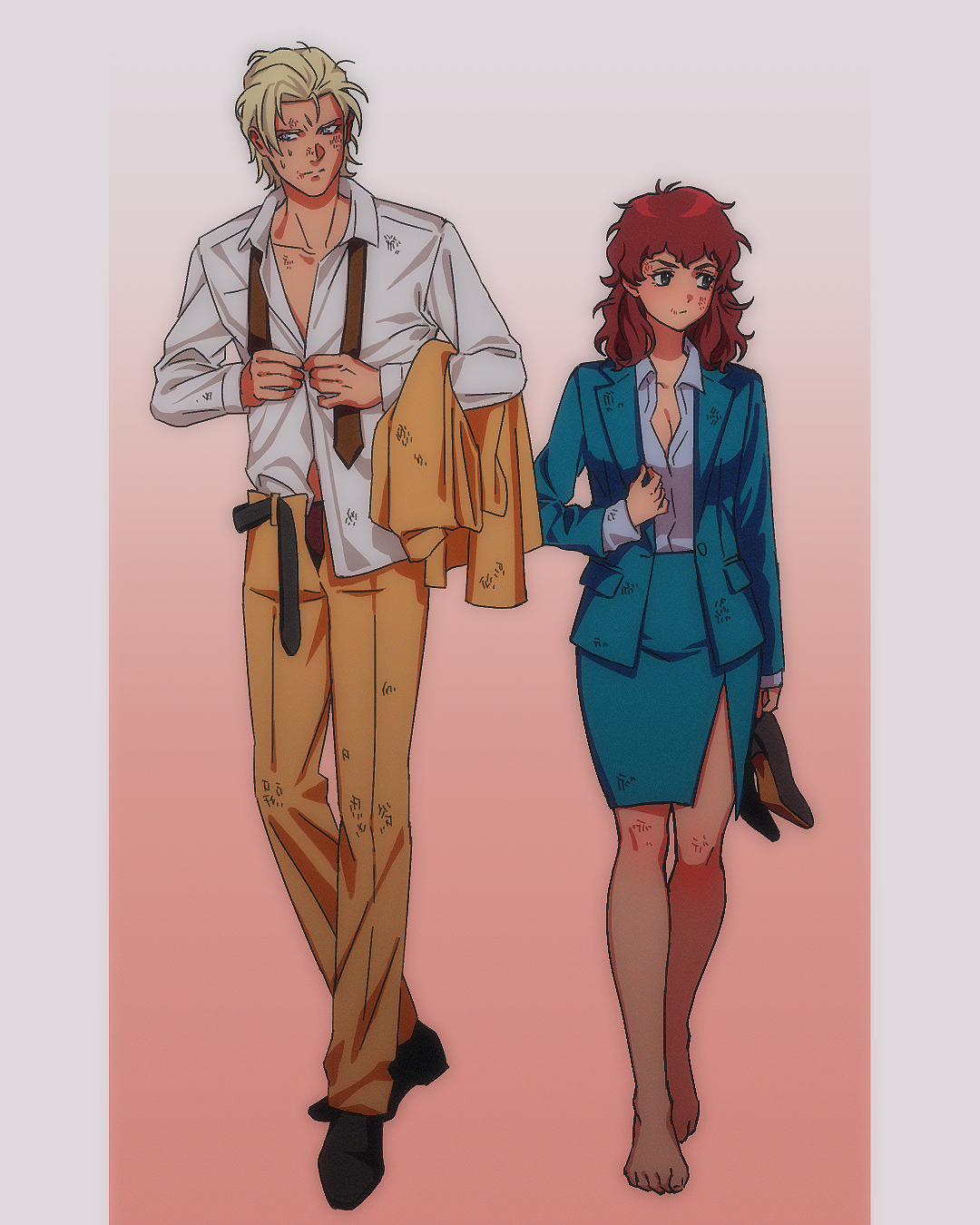 1boy 1girl amuro_ray averting_eyes barefoot belt black_belt black_shoes blonde_hair blue_eyes blue_jacket blue_sky breasts brown_hair brown_necktie char's_counterattack char_aznable cleavage closed_mouth collared_shirt commentary_request dirty dirty_clothes dirty_face dressing facing_viewer formal_clothes full_body genderswap genderswap_(mtf) gradient_background gundam hetero high_heels highres holding holding_jacket holding_shoes holding_unworn_clothes implied_after_sex jacket long_hair necktie pants pillarboxed pink_background pumps shirt shoes short_hair simple_background skirt skirt_suit sky suit suit_jacket undone_necktie unworn_jacket unworn_shoes white_shirt yellow_jacket yellow_pants yy0880yy