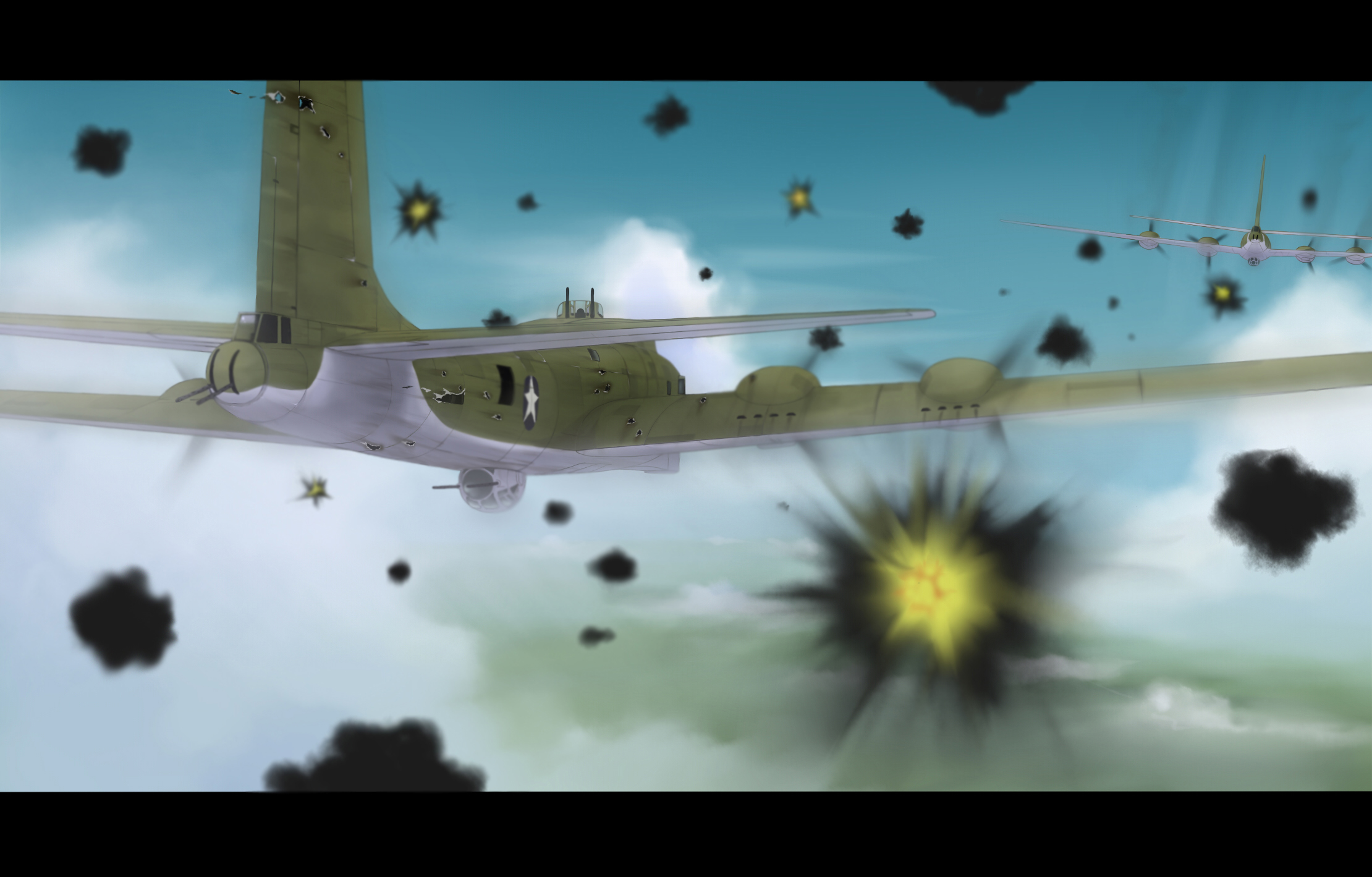 aircraft airplane b-17 bomber bullet_hole cloud damaged explosion flying gun highres letterboxed military military_vehicle no_humans original outdoors sky star_(symbol) vehicle_focus war weapon world_war_ii yakuto007