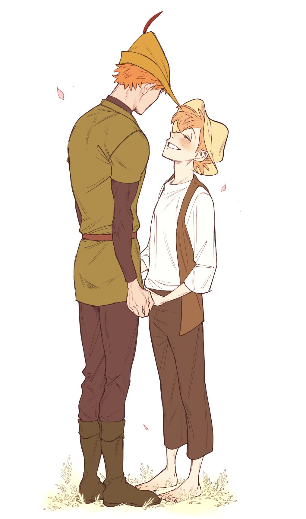 2boys barefoot belt blush boots br&#039;er_fox_(disney) brown_belt brown_hat brown_pants closed_eyes commentary falling_petals full_body green_footwear green_tunic grin hat hat_feather height_difference highres holding_hands humanization male_focus multiple_boys orange_hair pants petals robin_hood_(disney_character) robin_hood_(disney_movie) shirt short_hair smile song_of_the_south symbol-only_commentary toenails tunic uochandayo white_background white_shirt yaoi yellow_hat