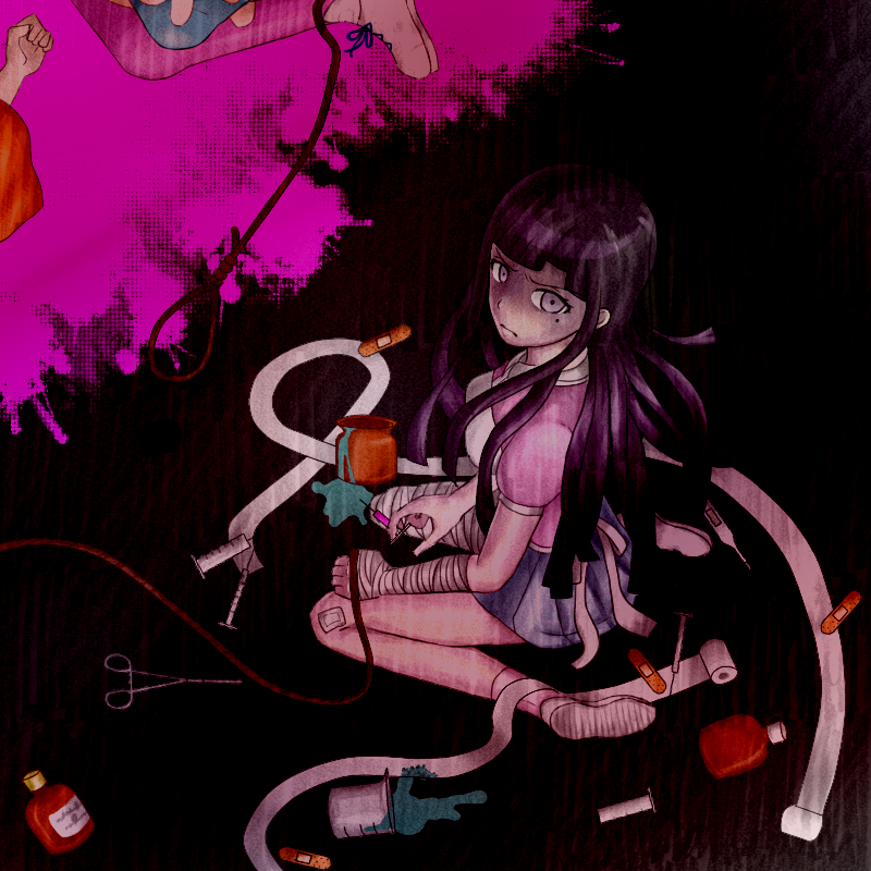 3girls apron bandaged_arm bandaged_leg bandages bandaid bandaid_on_leg blood blue_skirt bottle closed_mouth commentary_request corpse danganronpa_(series) danganronpa_2:_goodbye_despair eyelashes frown kneeling legendary_super_saiyan long_hair looking_at_viewer m-ace mioda_ibuki mole mole_under_eye multiple_girls noose pink_blood pink_shirt purple_eyes purple_hair rope saionji_hiyoko shirt shoelaces shoes skirt solo_focus spill spoilers super_saiyan surgical_scissors syringe tsumiki_mikan white_apron white_shoes