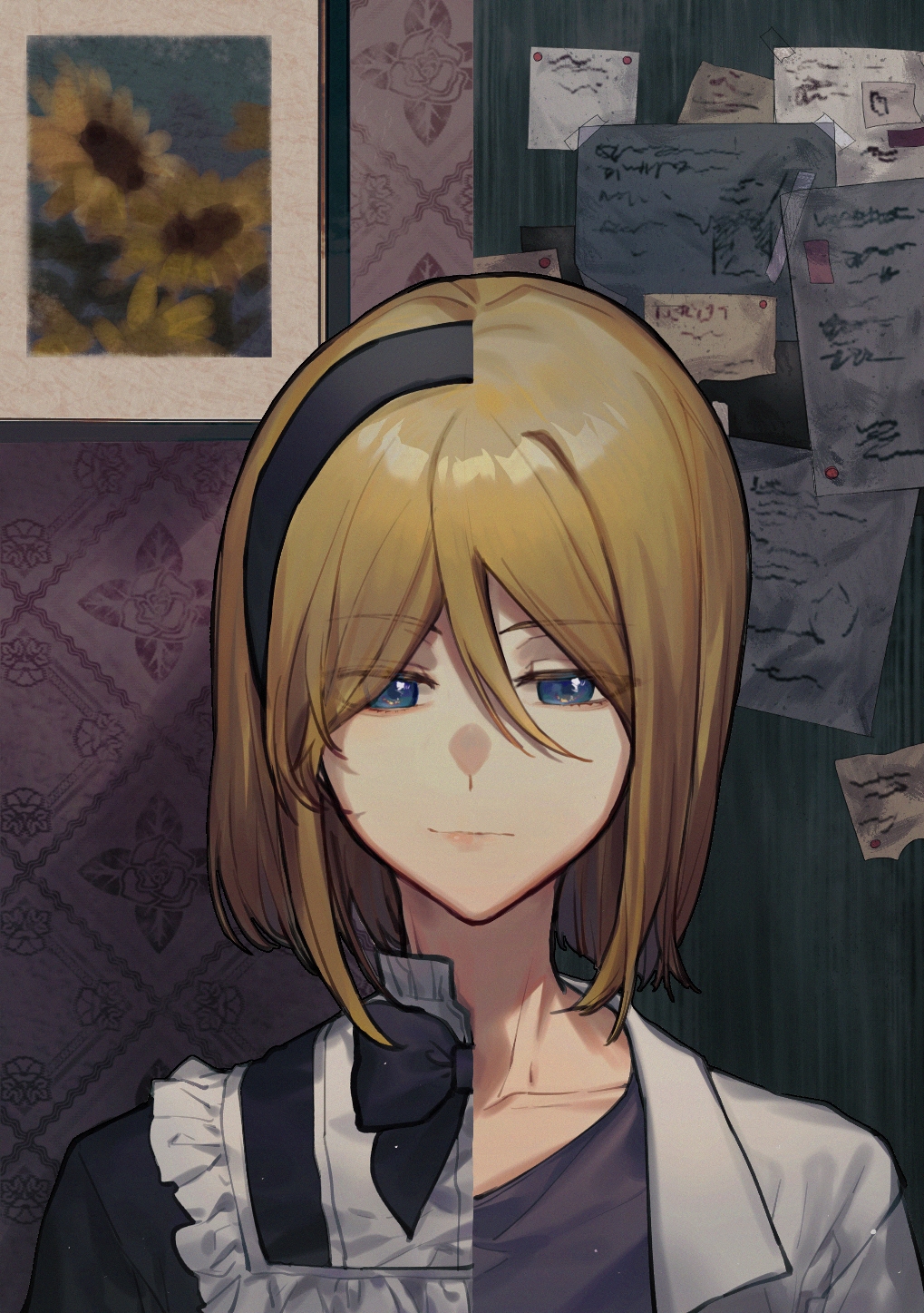 1boy 1girl alternate_costume androgynous apron barisol_no_kodomo_wa_hitorikko_(vocaloid) behemo_barisol black_dress brother_and_sister crossdressing dress enmaided evillious_nendaiki flower half-closed_eyes highres kagamine_len kagamine_rin lab_coat levia_barisol maid maid_headdress picture_frame siblings smile sticky_note sunflower taziku crossdressing twins vocaloid
