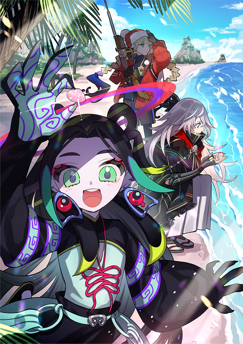 1girl 2boys :d androgynous beach black_cloak black_gloves black_hair black_pants black_pantyhose black_shirt blue_hair blue_sky blunt_bangs blush braid brown_hair brown_shorts buttons captain_nemo_(fate) captain_nemo_(santa)_(fate) chinese_knot cloak clothing_cutout cloud collared_shirt commentary_request curtained_hair day diffraction_spikes earrings eyeliner fate/grand_order fate_(series) feather_hair_ornament feathers fingerless_gloves fur-trimmed_headwear fur_trim glint gloves gradient_hair green_eyes green_hair grey_hair gun hair_ornament hair_rings hakama halo hat holding holding_gun holding_seashell holding_weapon jacket japanese_clothes jewelry kuyuu_(somari) long_hair long_sleeves looking_at_viewer looking_down makeup male_focus multicolored_hair multiple_boys nemo_(fate) ocean official_art open_clothes open_jacket open_mouth outdoors palm_tree pants pantyhose polo_shirt pom_pom_(clothes) red_eyeliner red_hat red_jacket rifle round_teeth saika_magoichi_(fate) sand sandals seashell shading_face shell shirt shorts sidelocks sky smile socks squatting standing sunlight tabi taisui_xingjun_(fate) teeth third-party_source tongue tree twin_braids upper_teeth_only ushanka very_long_hair weapon white_hakama white_socks wing_collar
