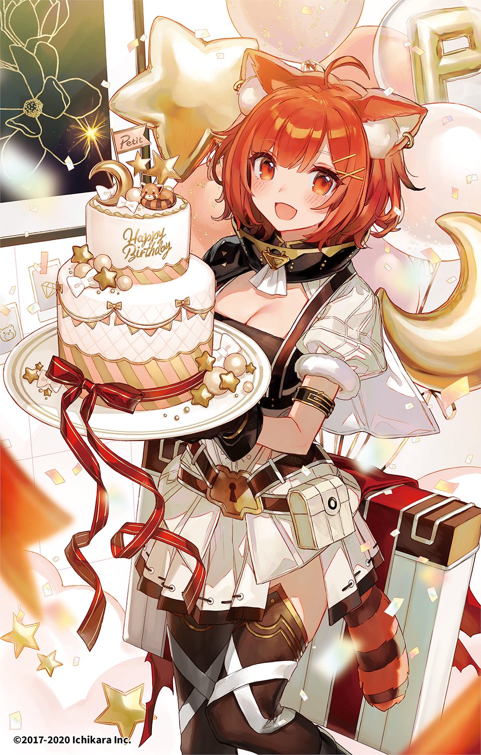 1girl :d ahoge animal_ear_fluff animal_ear_piercing animal_ears black_thighhighs blush breasts cat_ears character_name chocoan cleavage copyright_name crescent_moon dress english_text hair_ornament hairclip happy_birthday highres holding holding_plate initial moon nijisanji official_art open_mouth picture_frame plate ratna_petit ratna_petit_(1st_costume) red_eyes red_hair smile solo star_balloon thighhighs tongue virtual_youtuber x_hair_ornament