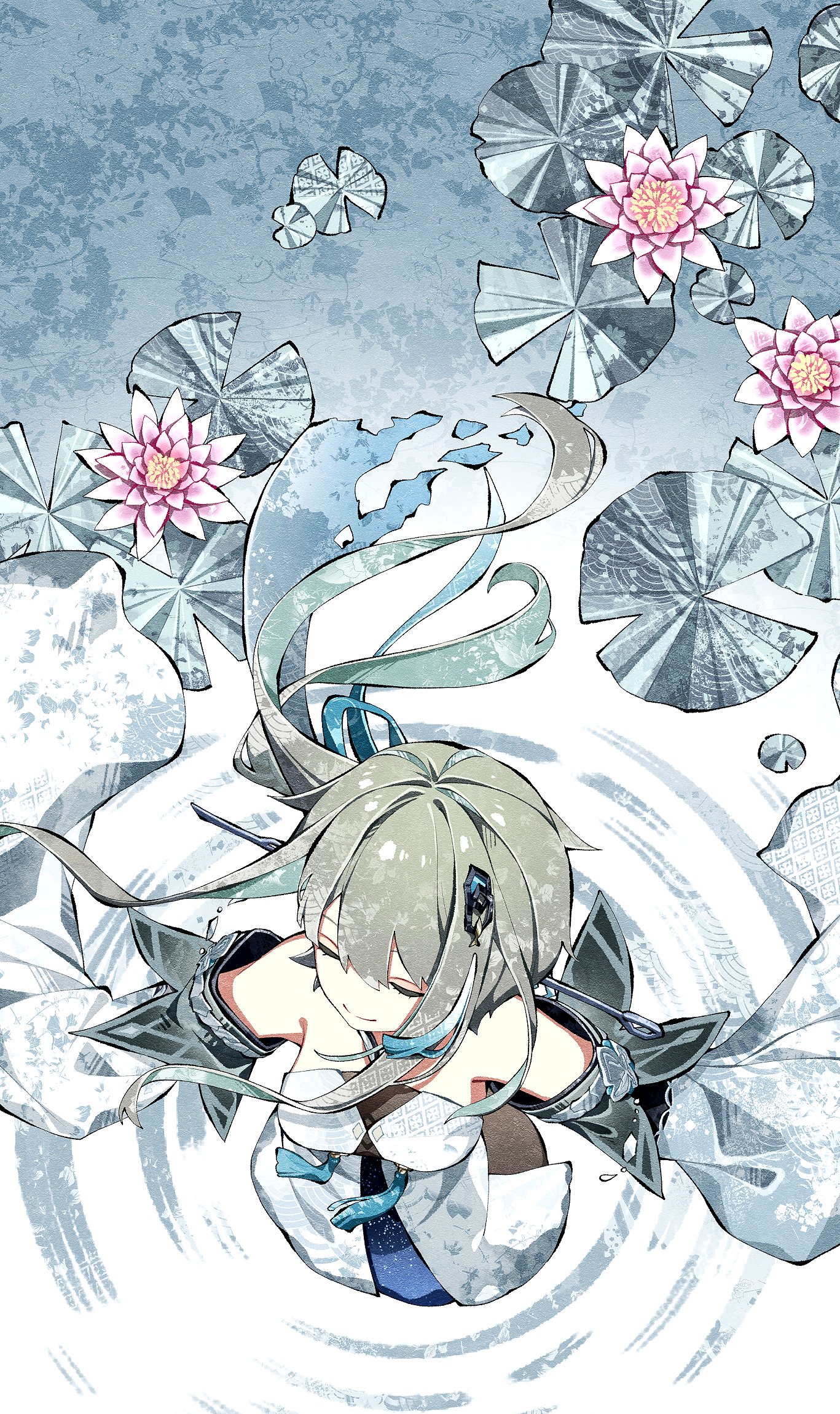 1girl aqua_hair bare_shoulders cha_hanare chinese_hairpin closed_eyes closed_mouth colored_inner_hair commentary detached_sleeves dress flower from_above genshin_impact grey_hair guizhong_(genshin_impact) hair_between_eyes hair_ornament hair_stick halter_dress halterneck highres lily_pad long_hair long_sleeves lotus multicolored_hair pink_flower ripples sleeveless sleeveless_dress smile solo tassel tassel_hair_ornament two-tone_hair white_dress white_sleeves wide_sleeves