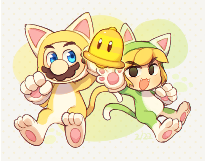 animal_costume animal_ears blush cat_ears cat_mario cat_tail facial_hair fang gloves hood hoodie link mario mario_(series) mustache nintendo smile super_bell super_mario_3d_world tail the_legend_of_zelda the_legend_of_zelda:_the_wind_waker toon_link wusagi2