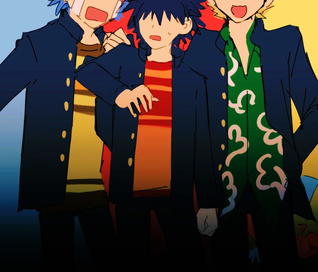 3boys a_certain_high_school_uniform aogami_pierce black_hair blonde_hair blue_hair crying gakuran hawaiian_shirt kamijou_touma male_focus multiple_boys nmdsk no_eyes open_mouth orange_shirt origami paper_crane school_uniform shirt short_hair simple_background smile spiked_hair toaru_majutsu_no_index tsuchimikado_motoharu