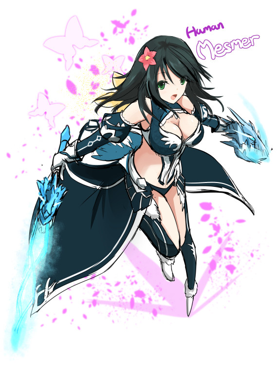 1girl :d ankle_boots armor bikini_armor black_hair blush boots breasts cleavage_cutout clothing_cutout dual_wielding energy_sword fatkewell female_focus flower full_body fur_trim green_eyes guild_wars_(series) guild_wars_1 guild_wars_2 hair_flower hair_ornament holding ice large_breasts looking_at_viewer open_mouth simple_background skirt smile solo sword weapon white_background