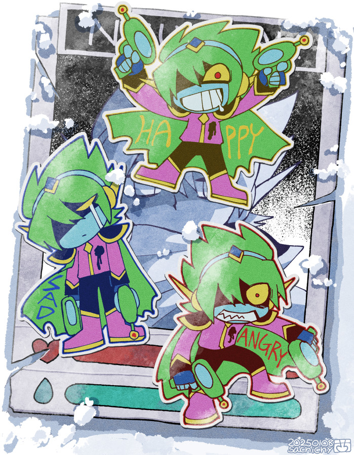 1boy aizawa_sachi arms_up blue_skin boots cape captain_spaceboy chibi chibi_only colored_sclera colored_skin drooling evil_grin evil_smile green_cape green_hair grin long_sleeves looking_at_viewer male_focus mouth_drool omori parted_lips pink_boots red_eyes sharp_teeth short_hair smile snow solo teeth yellow_sclera