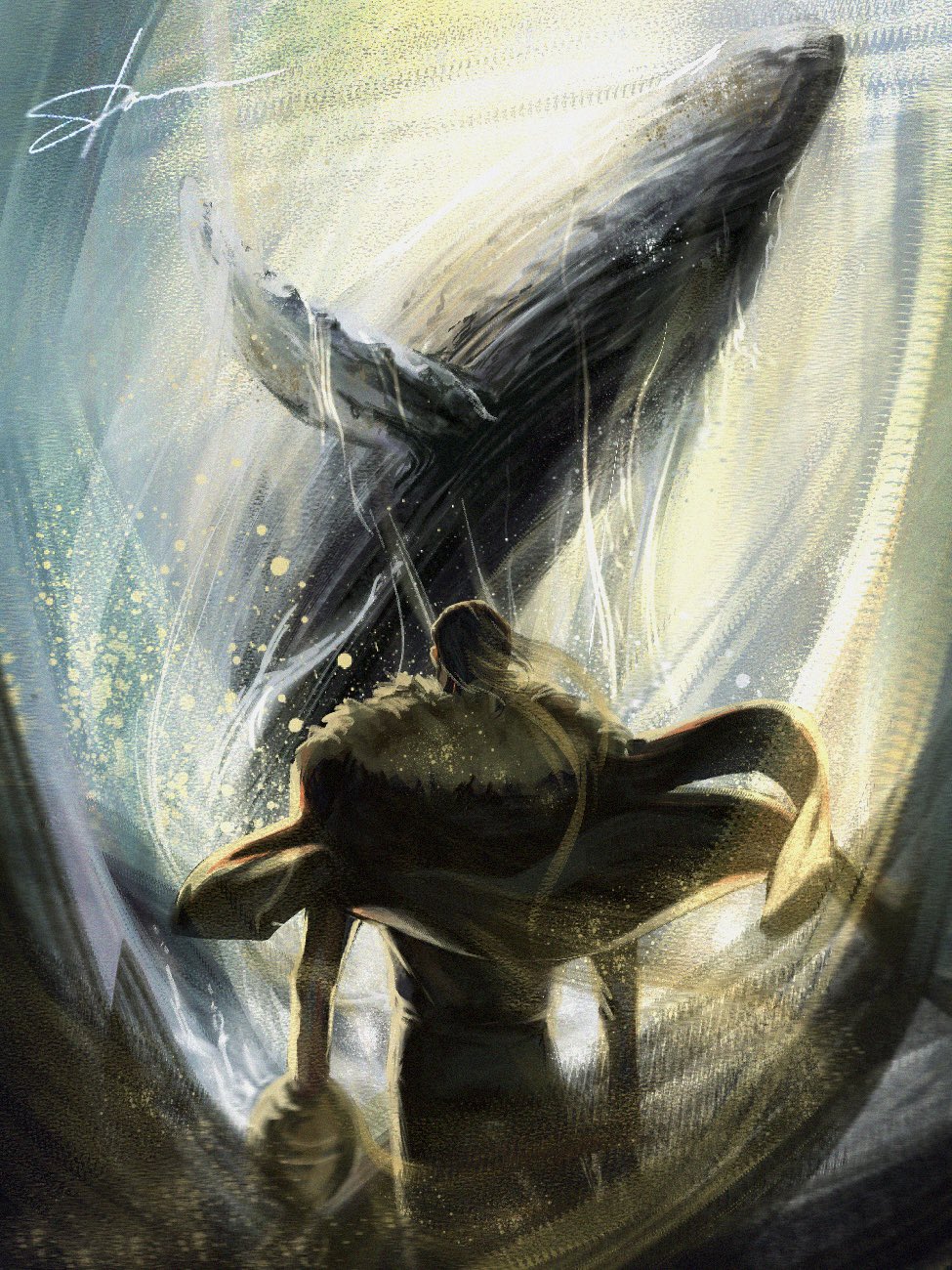 1boy back black_hair black_pants coat coat_on_shoulders crocodile_(one_piece) damon_(damonn_h) floating_clothes fur_coat highres hook_hand korean_commentary moby_dick_(one_piece) one_piece pants sand signature whale