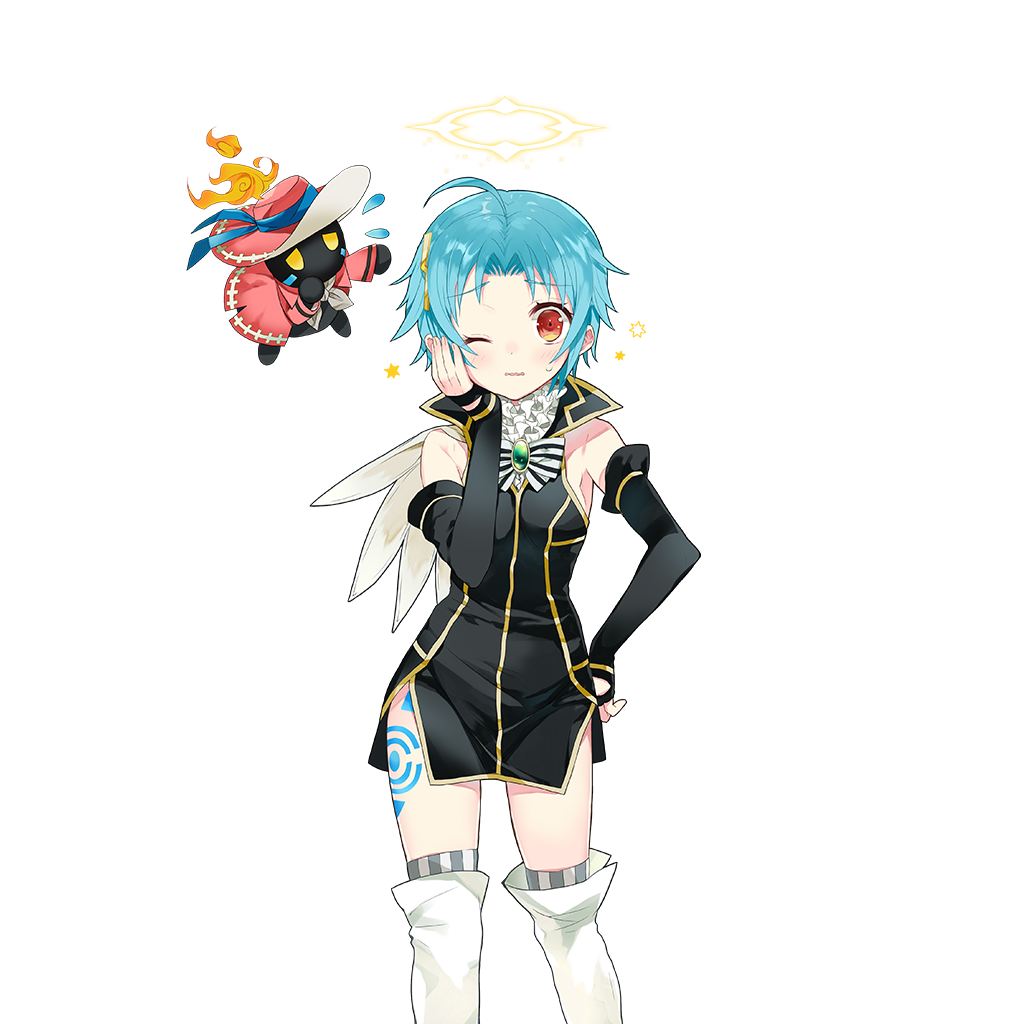 1girl ahoge armpits black_dress black_gloves blue_hair boots dress elbow_gloves fingerless_gloves gloves knee_boots merueto off-shoulder_dress off_shoulder orange_eyes pomme_(uchihime) sapphire_(uchihime) uchi_no_hime-sama_ga_ichiban_kawaii white_boots