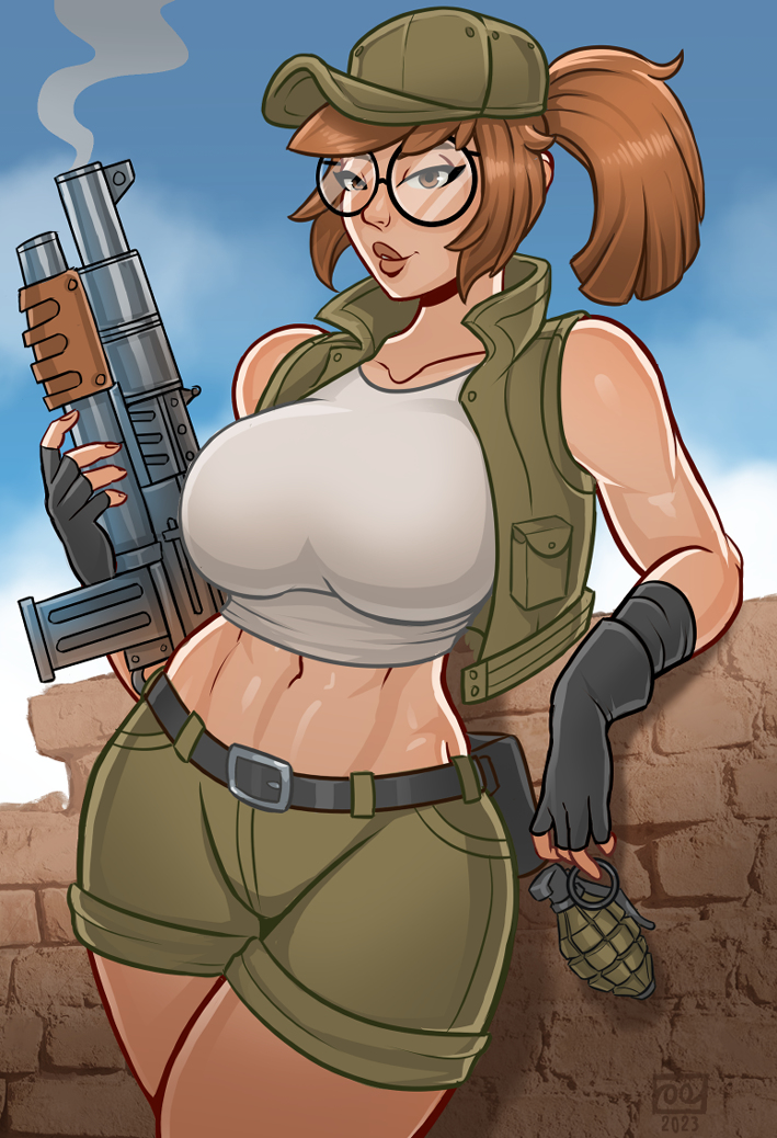 1girl bare_shoulders breasts brown_eyes brown_hair crop_top fio_germi glasses granade gun hat large_breasts lips medium_hair metal_slug monosloth shorts sleeveless weapon