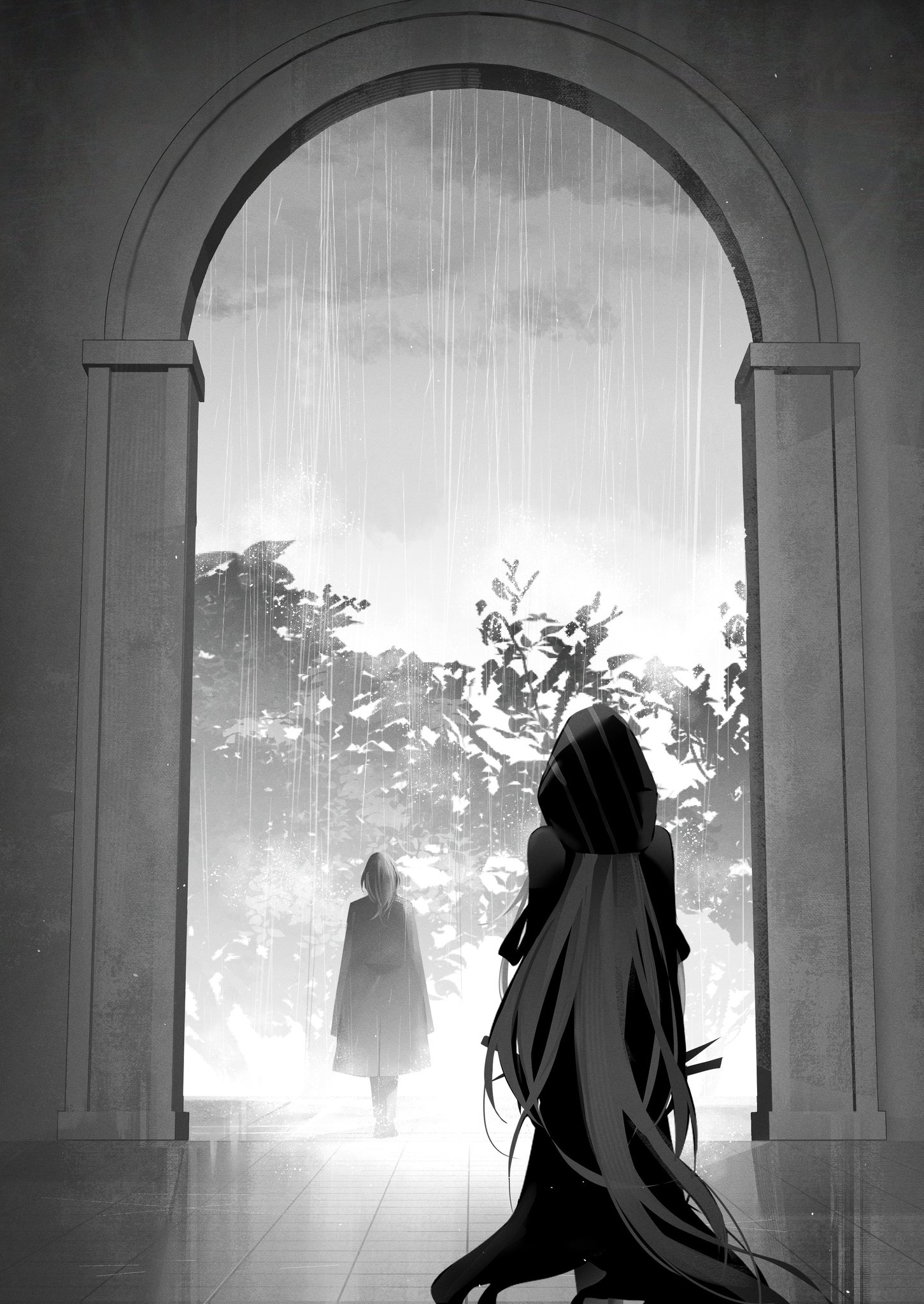 2girls absurdly_long_hair chief_(path_to_nowhere) cloud cloudy_sky coat coat_on_shoulders detached_hood dress female_chief_(path_to_nowhere) from_behind full_body greyscale hair_through_hood highres hood hood_up indoors light_particles long_dress long_hair long_sleeves monochrome multiple_girls nox_(path_to_nowhere) pants path_to_nowhere rain shoes sky standing tile_floor tiles toho10min tree very_long_hair walking