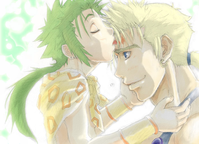 2008 2boys armband blonde_hair blue_eyes blush closed_eyes ear_piercing earrings final_fantasy final_fantasy_vi gau green_hair injury jewelry licking licking_wound looking_at_another multiple_boys piercing ponytail sabin_rene_figaro shawl slight_blush smile tank_top tongue