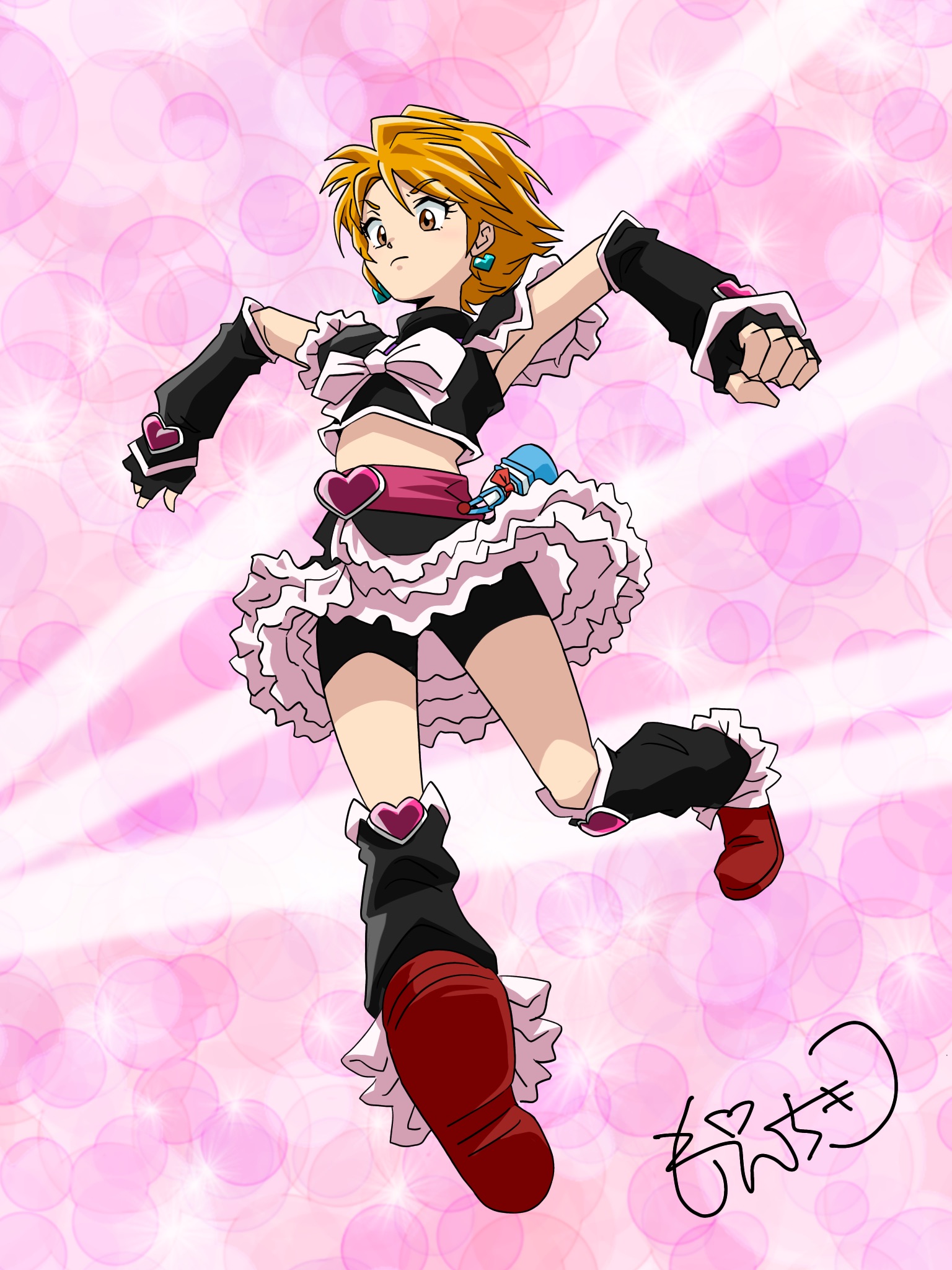 1girl bike_shorts bike_shorts_under_skirt black_shorts cure_black detached_sleeves dress earrings frilled_dress frills full_body futari_wa_precure heart heart_earrings highres jewelry looking_to_the_side midriff misumi_nagisa moechiki pink_background precure red_hair running shorts signature solo yellow_eyes