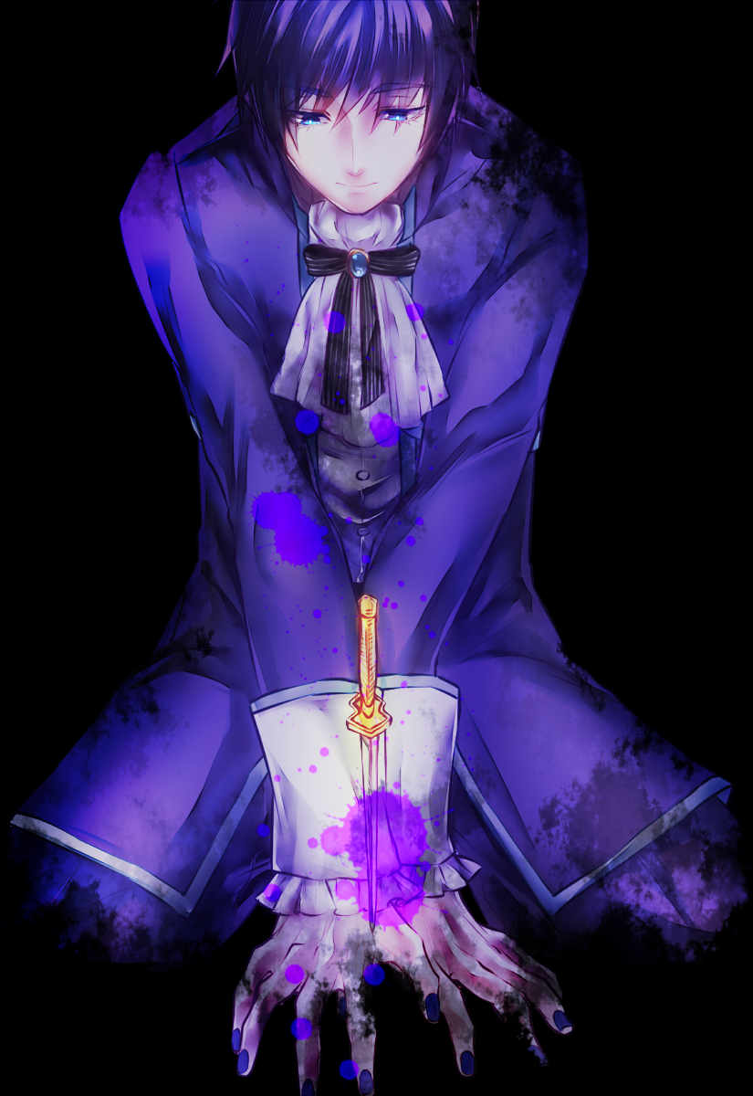 1boy ascot black_background blood blood_splatter blue_eyes blue_hair blue_nails closed_mouth dagger evillious_nendaiki fingernails highres kaito_(vocaloid) karchess_crim knife looking_down nagori_(uusdvedp) nail_polish simple_background sitting venomania_kou_no_kyouki_(vocaloid) vocaloid weapon