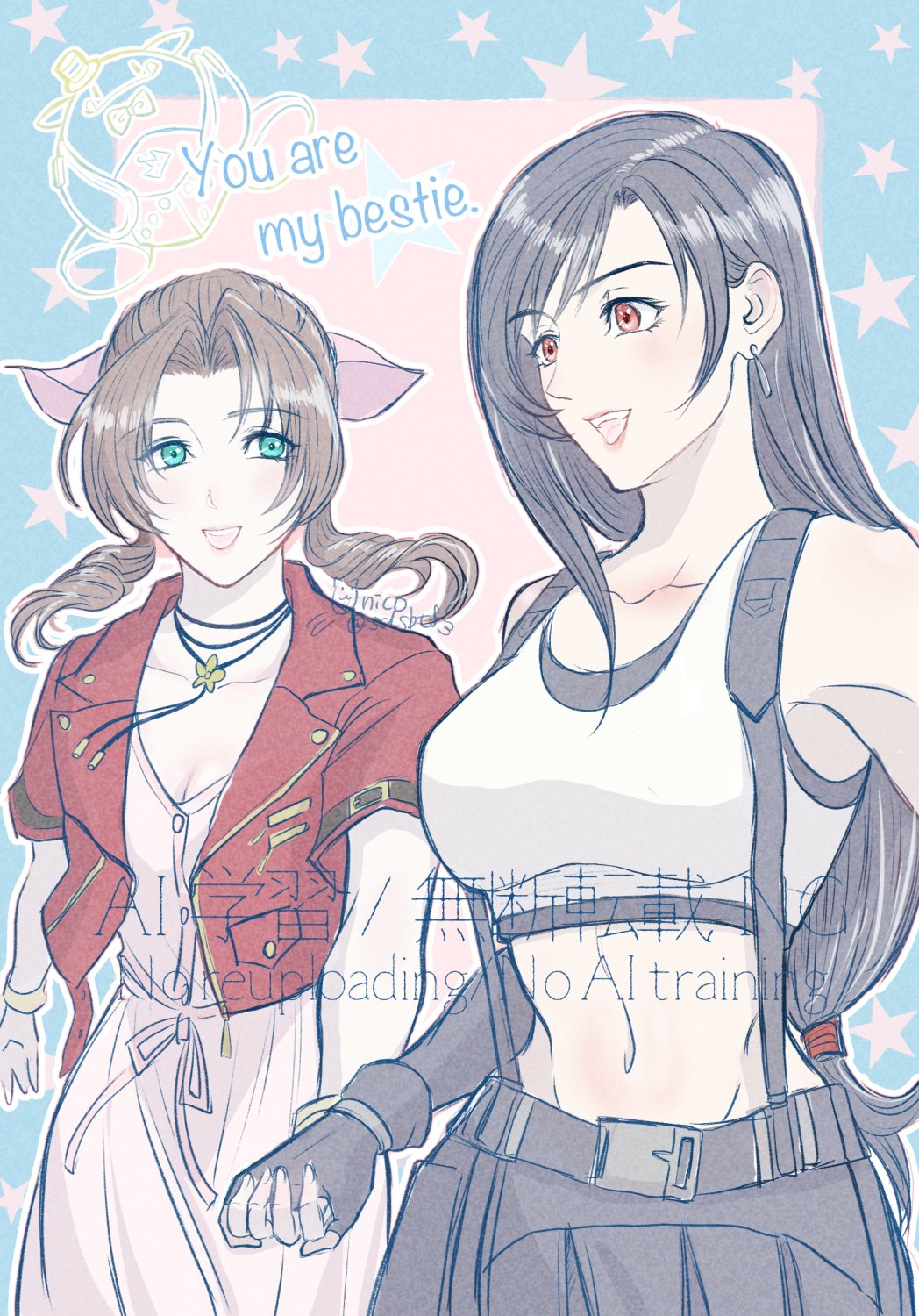 2girls aerith_gainsborough bare_shoulders black_bra black_gloves black_hair black_skirt blue_border border bra breasts brown_hair choker cleavage cowboy_shot crop_top cropped_jacket dress earrings final_fantasy final_fantasy_vii final_fantasy_vii_rebirth final_fantasy_vii_remake fingerless_gloves flower_choker gloves green_eyes hair_ribbon hair_tie highres holding_hands jacket jewelry large_breasts long_hair low-tied_long_hair medium_breasts midriff multiple_girls navel open_mouth parted_bangs pink_background pink_dress pink_ribbon red_eyes red_jacket ribbon sdsbtfl shirt sidelocks skirt sleeveless sleeveless_shirt smile sports_bra suspenders tifa_lockhart twitter_username underwear white_shirt