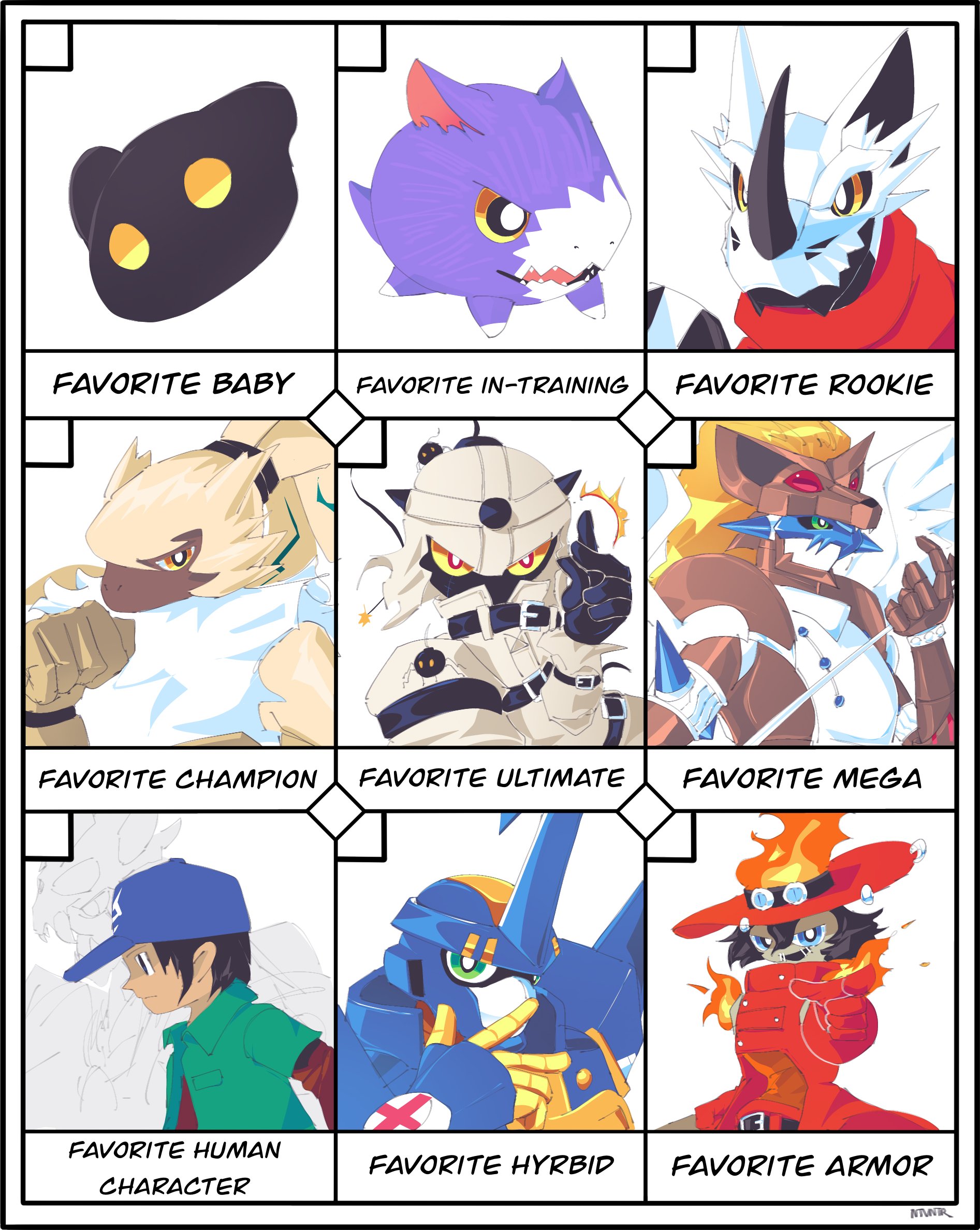 armor belt blitzmon bombermon botamon digimon digimon_(creature) digimon_frontier digimon_ghost_game dorimon duftmon duskmon fire flawizarmon green_eyes hackmon_(digimon) hat highres horns kimura_kouichi skull symbareangoramon