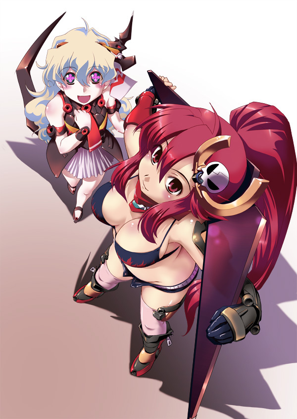+_+ 2girls blue_hair breasts cleavage cosplay cross-shaped_pupils gurren-lagann gurren-lagann_(cosplay) hair_ornament ikuya ikuya_daikokudou lazengann lazengann_(cosplay) long_hair mecha_musume multicolored_hair multiple_girls nia_teppelin ponytail red_hair shorts smile sunglasses symbol-shaped_pupils tengen_toppa_gurren_lagann thighhighs yellow_eyes yoko_littner