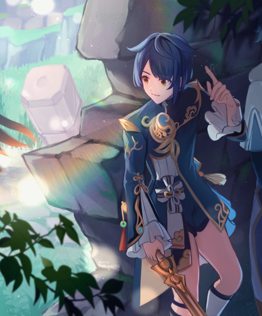 2boys artist_name asymmetrical_bangs blue_coat blue_hair blue_shorts bow branch chongyun_(genshin_impact) coat commentary day english_commentary frilled_sleeves frills genshin_impact gold_trim grass hand_up hiding holding holding_sword holding_weapon jade_(gemstone) lens_flare light_particles long_sleeves looking_to_the_side male_focus mikanchii multiple_boys open_mouth outdoors pants parted_bangs prototype_rancour_(genshin_impact) ruins short_hair short_shorts short_sleeves shorts smile solo_focus standing stone_wall sword tassel vision_(genshin_impact) weapon white_bow white_pants wide_sleeves xingqiu_(genshin_impact) yellow_eyes