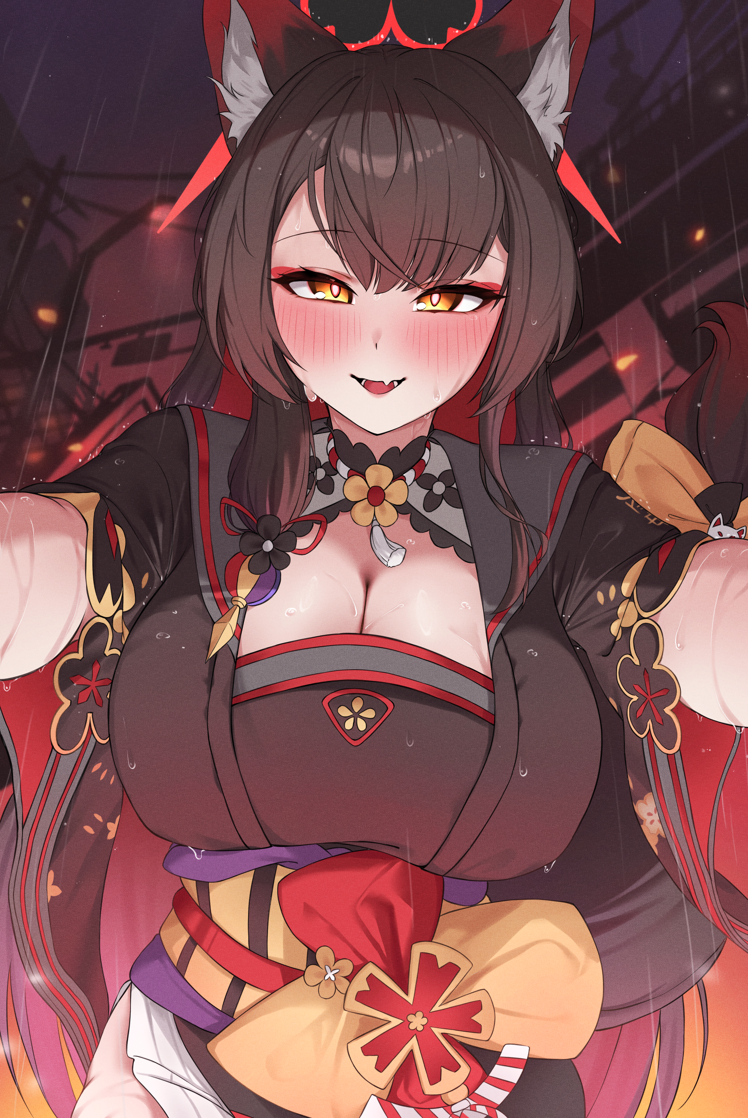 1girl absurdres animal_ear_fluff animal_ears arms_up black_hair black_kimono black_sailor_collar blue_archive blush bow breasts cleavage colored_inner_hair eyeshadow fang floral_print fox_ears fox_girl gyu_chul hair_ornament halo high-waist_dress highres japanese_clothes kimono lamppost large_breasts long_hair looking_at_viewer makeup multicolored_hair night obi open_mouth outdoors print_kimono rain red_eyeshadow red_halo sailor_collar sash skin_fang solo tail tail_bow tail_ornament upper_body wakamo_(blue_archive) water_drop wet wet_clothes wide_sleeves wispy_bangs yellow_eyes