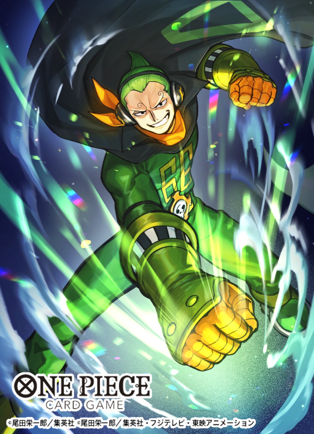 1boy black_cape bodysuit cape commentary_request copyright_name curly_eyebrows evil_smile gloves green_bodysuit green_hair headphones highres looking_at_viewer male_focus neckerchief numbered official_art one_piece one_piece_card_game orange_neckerchief short_hair smile smoke solo sunohara_(encount) vinsmoke_yonji
