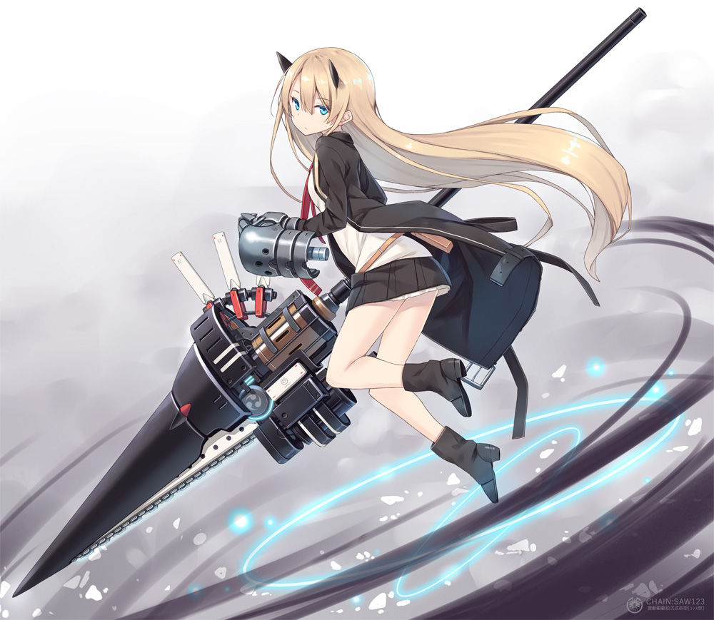 1girl belt belt_pouch blonde_hair blue_eyes boots female_focus floating from_side full_body gauntlets horns jacket lance long_hair looking_at_viewer original poco_(asahi_age) polearm pouch power_glove shirt skirt solo very_long_hair weapon white_shirt