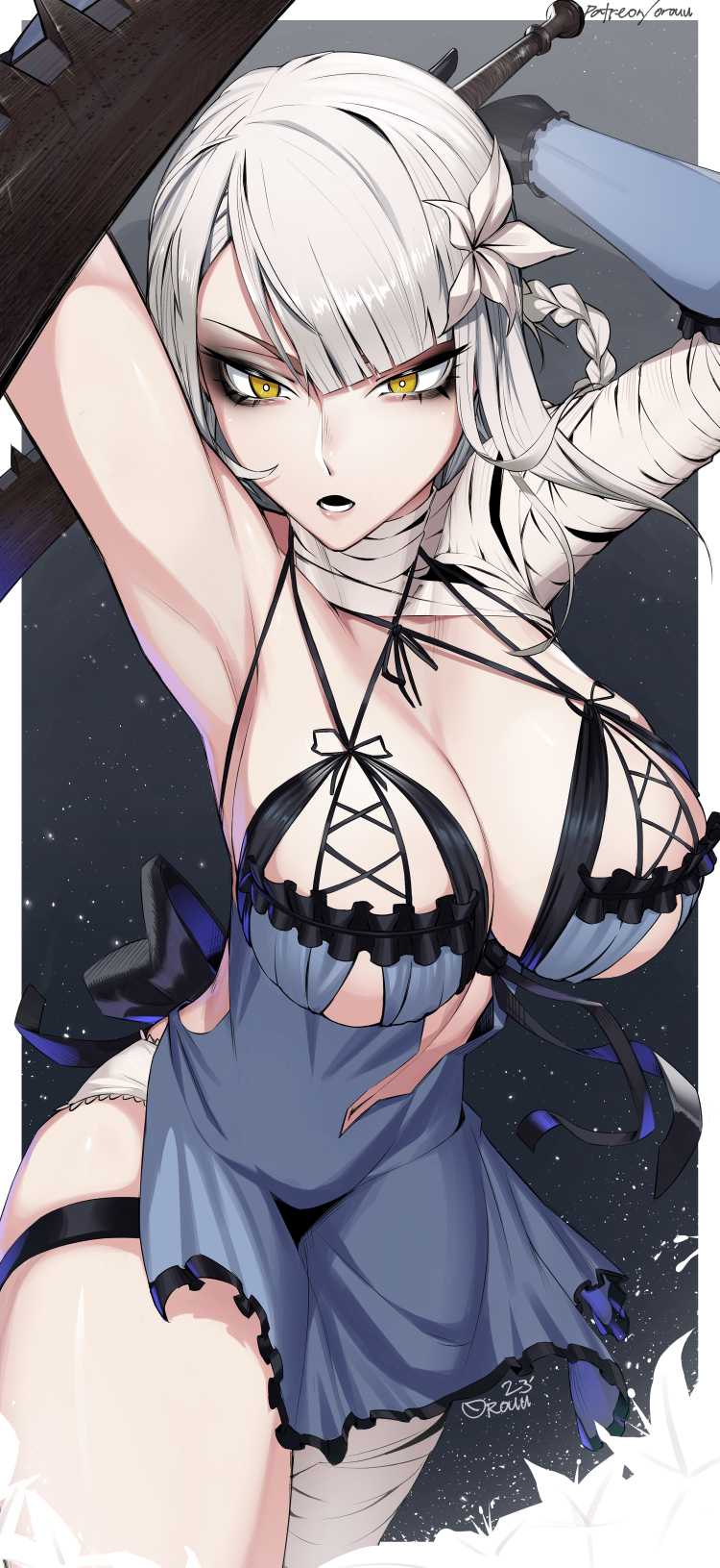 1girl alternate_breast_size alternate_costume armpits arms_up artist_name back_bow black_bow bow braid breasts cleavage cowboy_shot cross-laced_clothes dated grey_hair highres holding holding_sword holding_weapon kaine_(nier) large_breasts lingerie nier nier_(series) orouu parted_lips solo sword thigh_strap tsurime underwear weapon yellow_eyes