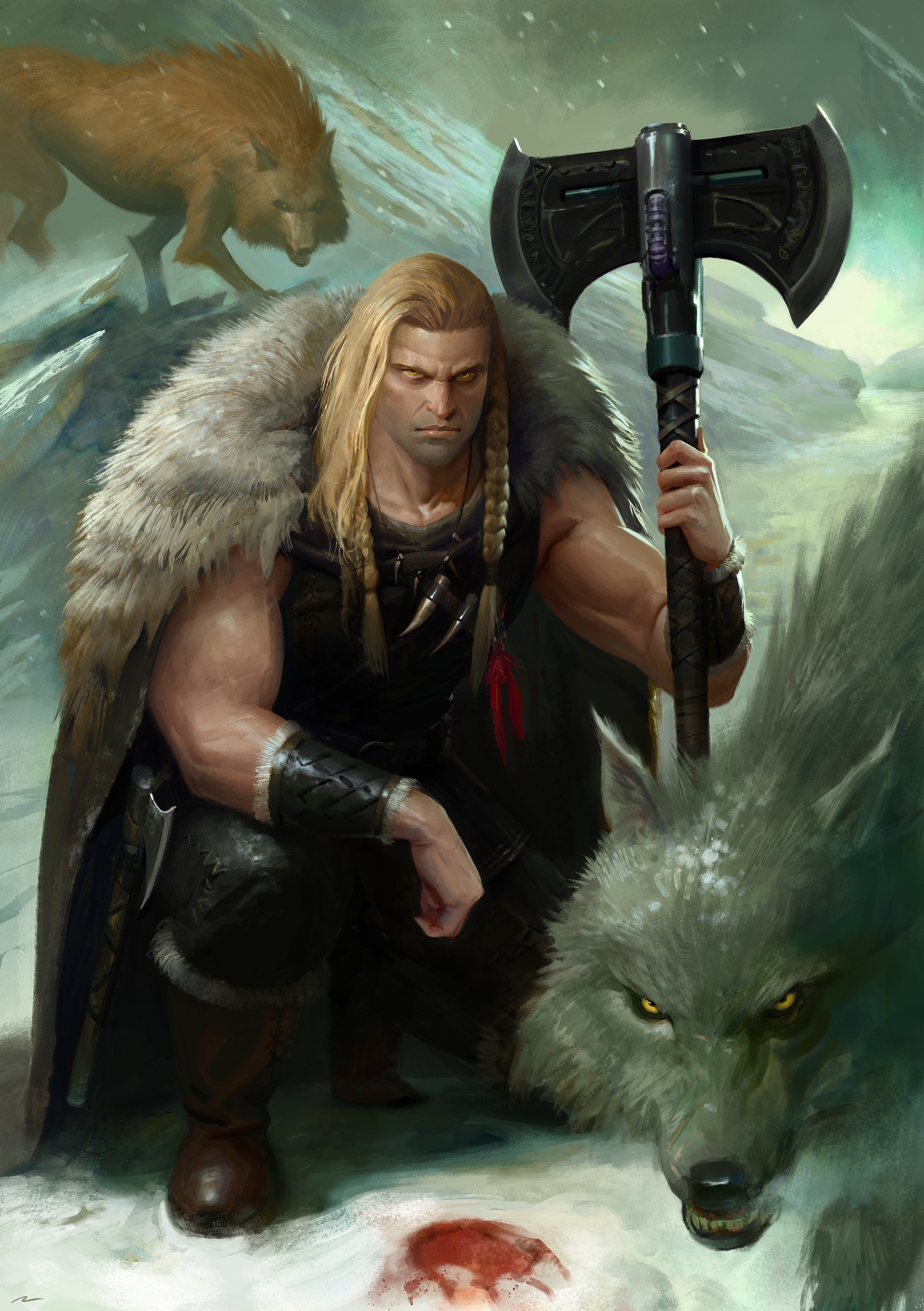 1boy absurdres animal axe battle_axe blonde_hair blood_on_snow braid cape commentary english_commentary feathers fur_cape fur_trim highres holding holding_axe leman_russ long_hair looking_at_viewer male_focus mountain muscular muscular_male official_art ornate_axe ornate_weapon oruam outdoors photoshop_(medium) primarch red_feathers runes snow space_wolves squatting warhammer_40k weapon wolf yellow_eyes
