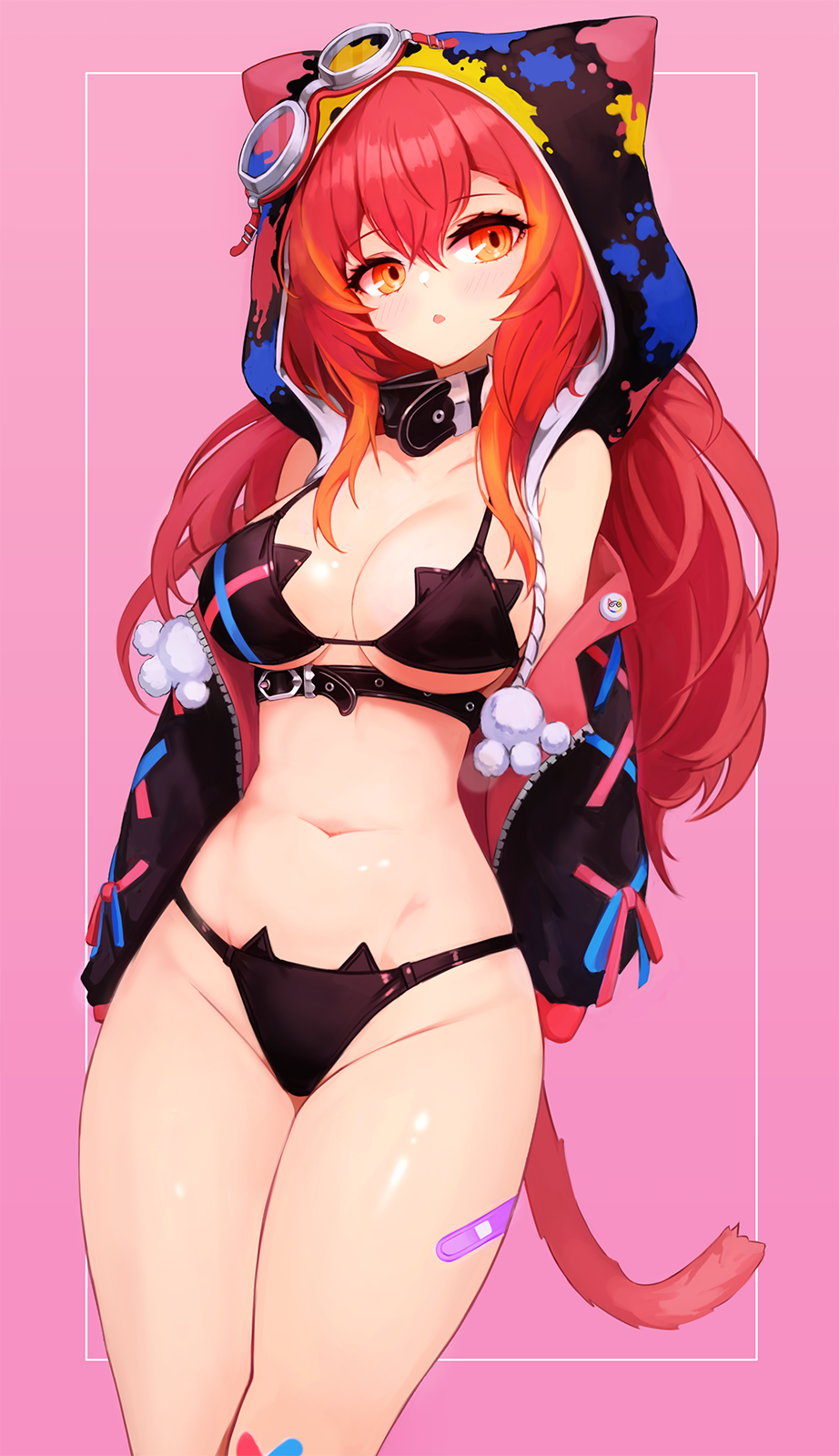 1girl animal_hood bandaid bandaid_on_leg bare_shoulders bikini black_bikini blush breasts cat_ear_bikini cat_hood cat_tail cleavage collarbone commentary_request cowboy_shot goggles goggles_on_head gradient_hair groin highres hood large_breasts long_hair long_sleeves looking_at_viewer multicolored_hair navel nekota_tsuna notte open_clothes open_mouth orange_eyes orange_hair pink_background pom_pom_(clothes) red_hair simple_background solo swimsuit tail unzipped virtual_youtuber vspo!