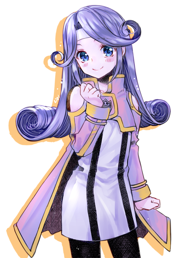 1girl black_pantyhose blue_eyes blush cape closed_mouth coat curly_hair headband liel_(andaniel) long_hair looking_at_viewer mel_(tales) pantyhose pink_cape purple_hair simple_background smile solo tales_of_(series) tales_of_phantasia tales_of_phantasia:_narikiri_dungeon tales_of_phantasia:_narikiri_dungeon_x white_background