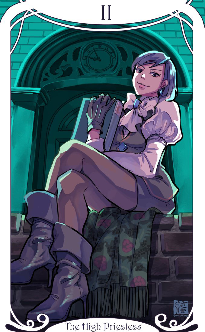 1girl ace_attorney ace_attorney_investigations ankle_boots arm_on_own_leg ascot black_gloves black_skirt black_vest book boots bow brick_wall card_(medium) clock crossed_legs door earrings franziska_von_karma from_below full_body gloves grey_hair hand_up high_heels holding holding_book jewelry juliet_sleeves long_sleeves pantyhose puffy_sleeves saginoko short_hair sitting_on_wall skirt smile solo tarot tarot_(medium) the_high_priestess_(tarot) vest white_ascot white_bow