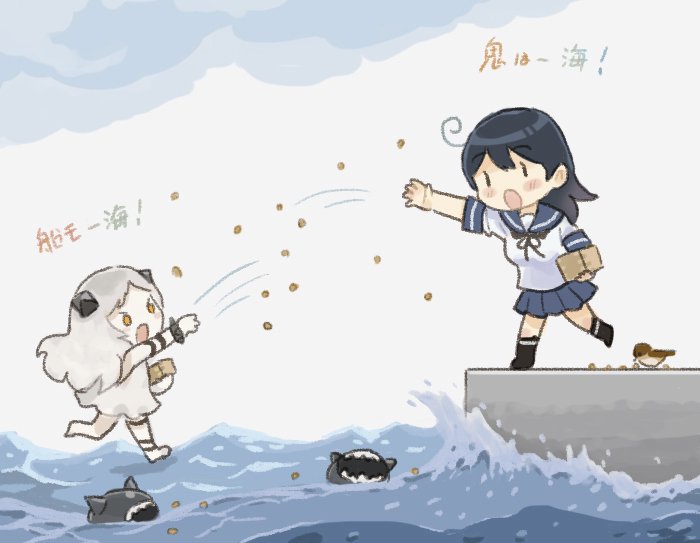 2girls abyssal_ship ahoge artillery_imp beans bird black_hair blue_sailor_collar blue_skirt cloud commentary_request dress horns kantai_collection long_hair multiple_girls northern_little_sister pier pleated_skirt saiguchi_otoufu sailor_collar setsubun skirt throwing ushio_(kancolle) water white_dress white_skirt