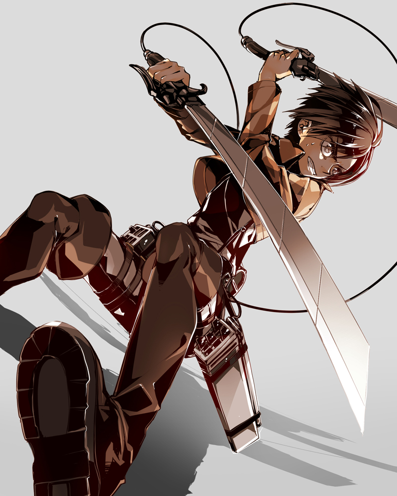 1boy 218 action belt brown_eyes dual_wielding eren_yeager holding jacket male_focus shingeki_no_kyojin short_hair simple_background solo sword thigh_strap three-dimensional_maneuver_gear weapon