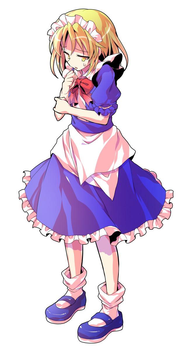 1girl apron bare_arms blonde_hair blue_dress blue_shoes bobby_socks bow bowtie commentary_request dairi dress frilled_dress frills full_body furrowed_brow highres large_variant_set maid maid_headdress mary_janes mugetsu_(touhou) parted_lips puffy_short_sleeves puffy_sleeves red_bow red_bowtie shoes short_sleeves socks solo standing sweatdrop touhou touhou_(pc-98) transparent_background variant_set waist_apron white_apron white_socks yellow_eyes