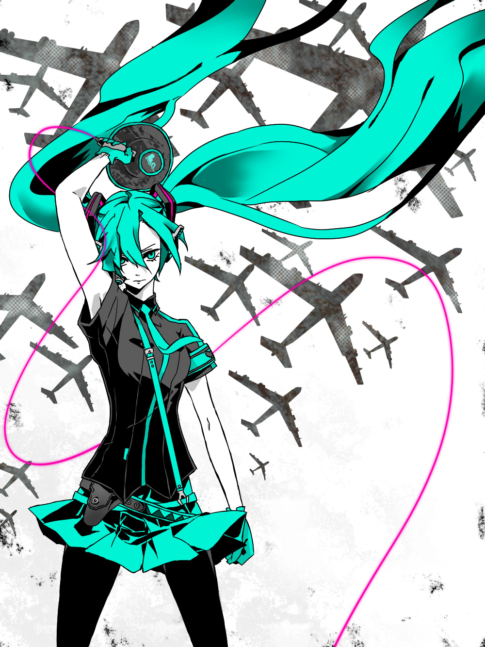 1girl aircraft airplane b-52_stratofortress bomber female_focus gloves green_eyes green_hair hatsune_miku heavy_bomber highres koi_wa_sensou_(vocaloid) long_hair matching_hair/eyes megaphone military military_vehicle necktie pantyhose penetrator_(aircraft) skirt solo strategic_bomber tayu_(canary-san) twintails very_long_hair vocaloid