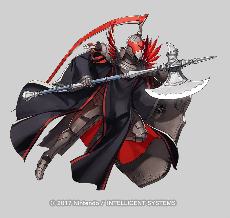 1other ambiguous_gender armor armored_boots axe boots copyright_notice dai-xt feathers fire_emblem fire_emblem:_three_houses fire_emblem_heroes flame_emperor full_body gloves glowing glowing_eyes grey_background helmet mask nintendo official_art other_focus red_eyes shield solo