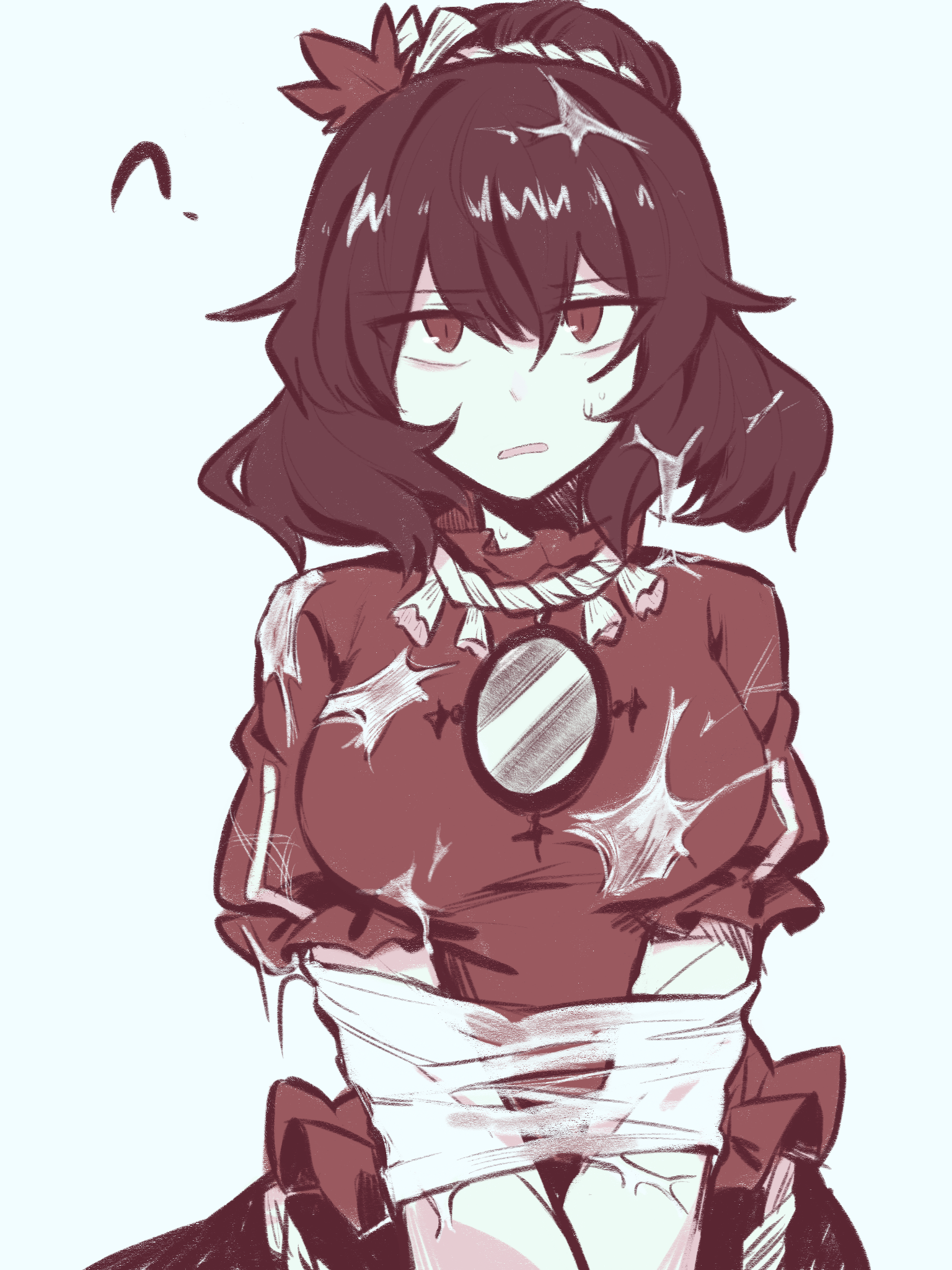 1girl ? bound breasts highres keiko_(emoticon) looking_at_viewer mirror red_eyes red_shirt restrained shirt silk solo spider_web touhou white_background yasaka_kanako