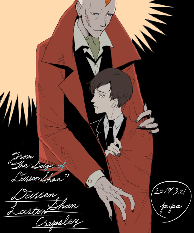 2boys bad_id bad_link bad_twitter_id black_hair coat darren_shan formal_clothes larten_crepsley long_coat multiple_boys necktie orange_hair red_coat scar scar_on_face short_hair suit the_saga_of_darren_shan vest