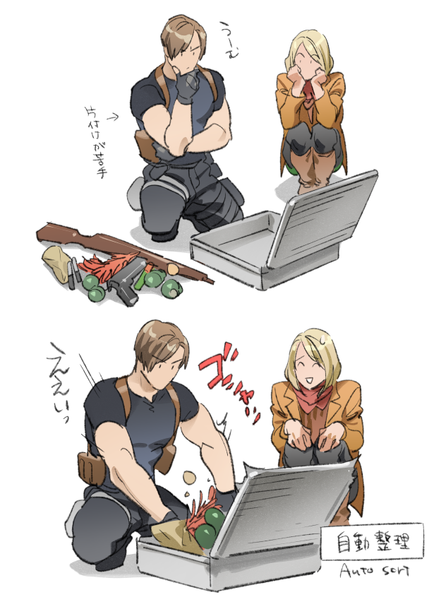 1boy 1girl ashley_graham blonde_hair boots brown_eyes brown_footwear brown_jacket commentary_request explosive fingerless_gloves gameplay_mechanics gloves grenade gun hand_grenade hand_on_own_chin handgun herb holster jacket knife leon_s._kennedy muscular muscular_male neckerchief red_neckerchief resident_evil resident_evil_4 resident_evil_4_(remake) rifle shirt shoulder_holster squatting suitcase t-shirt tatsumi_(psmhbpiuczn) thinking translation_request weapon
