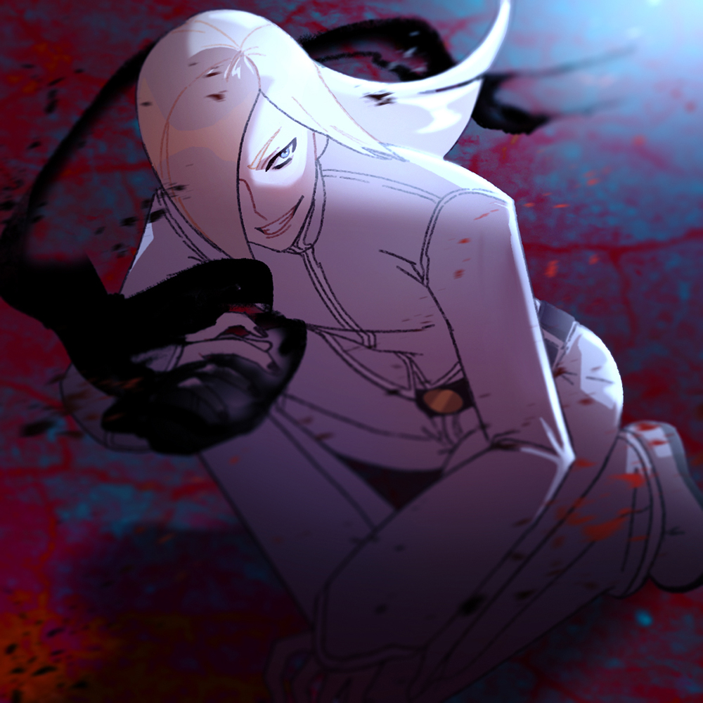 1boy belt black_belt black_nails blue_eyes commentary floating_hair grin hair_over_one_eye hand_up hexermer jacket kneeling knees_up long_sleeves looking_to_the_side male_focus nail_polish one_eye_covered pants saiki_(kof) shadow shoes smile solo teeth the_king_of_fighters the_king_of_fighters_xiii umbrakinesis white_jacket white_pants white_shoes