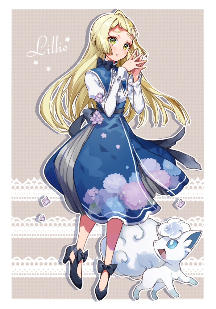1girl alolan_form alolan_vulpix alternate_costume black_footwear blonde_hair blue_skirt border bow brown_background character_name commentary_request eyelashes floral_print flower footwear_bow full_body gen_7_pokemon green_eyes hands_up high_heels lillie_(pokemon) long_hair long_sleeves nintendo own_hands_together parted_lips pokemon pokemon_(creature) pokemon_sm sasairebun shirt skirt star_(symbol) steepled_fingers white_border white_shirt