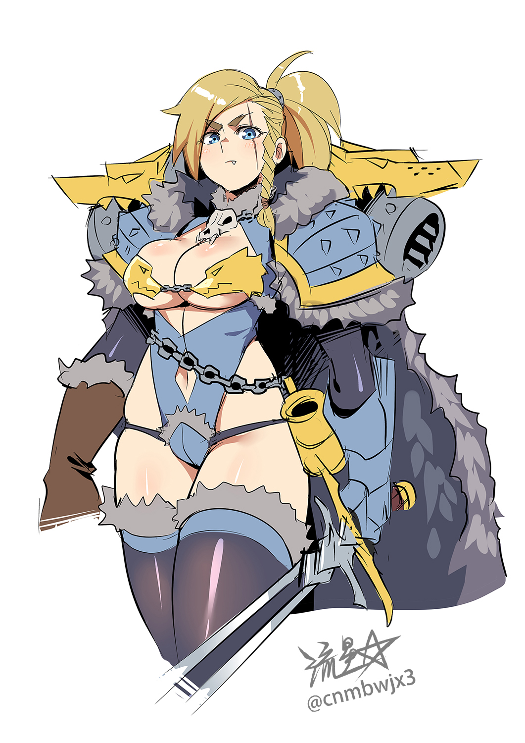 1girl adeptus_astartes animal_skull armor axe blonde_hair blue_eyes boobplate braid breastplate breasts cape chain chain_necklace cleavage_cutout closed_mouth clothing_cutout commentary cup english_commentary fang fang_out full_armor full_body fur_cape fur_trim gauntlets genderswap genderswap_(mtf) hair_pulled_back highres hip_vent holding jewelry large_breasts leman_russ long_hair looking_at_viewer mjalnar navel navel_cutout necklace pauldrons pelt pendant ponytail power_armor primarch ryuusei_(mark_ii) scar scar_across_eye scar_on_face shoulder_armor side_braids solo space_wolves spiked_armor sword tankard thighhighs warhammer_40k weapon white_background wide_hips